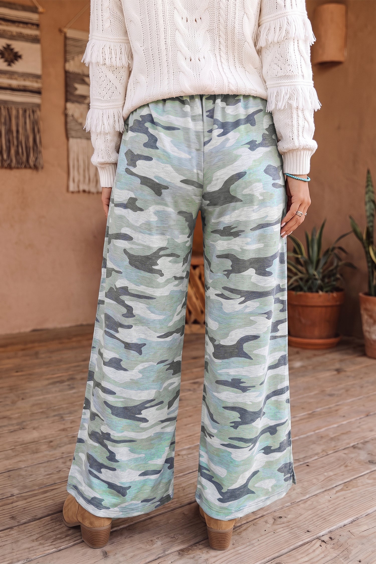 Green Camo Wide Leg Tie Elastic Waist Casual Pants