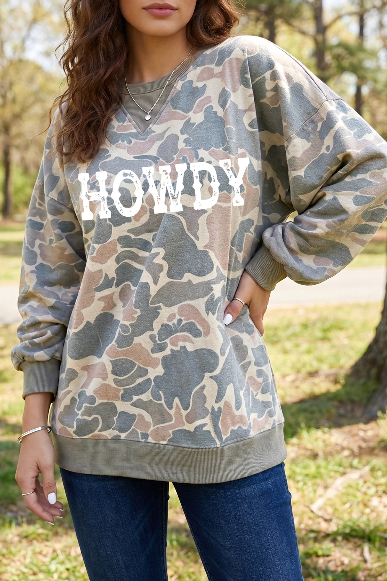 Multicolour HOWDY Graphic Camo Print Tunic Sweatshirt