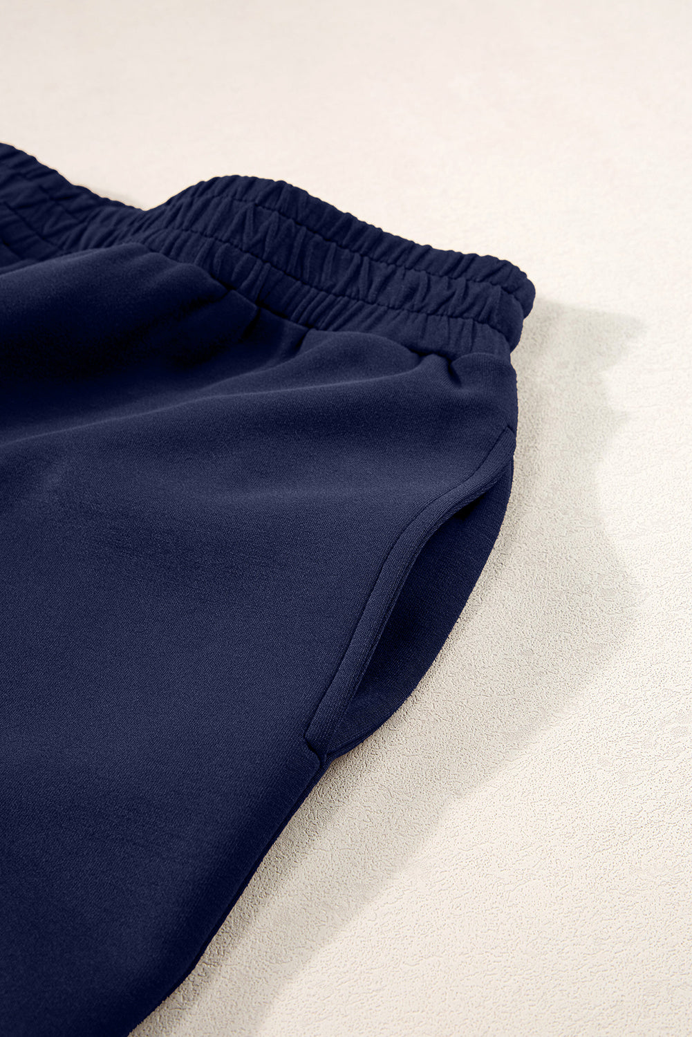 Navy Blue Solid Color Cowl Neck Drawstring Pullover Wide Leg Athleisure Pants Set