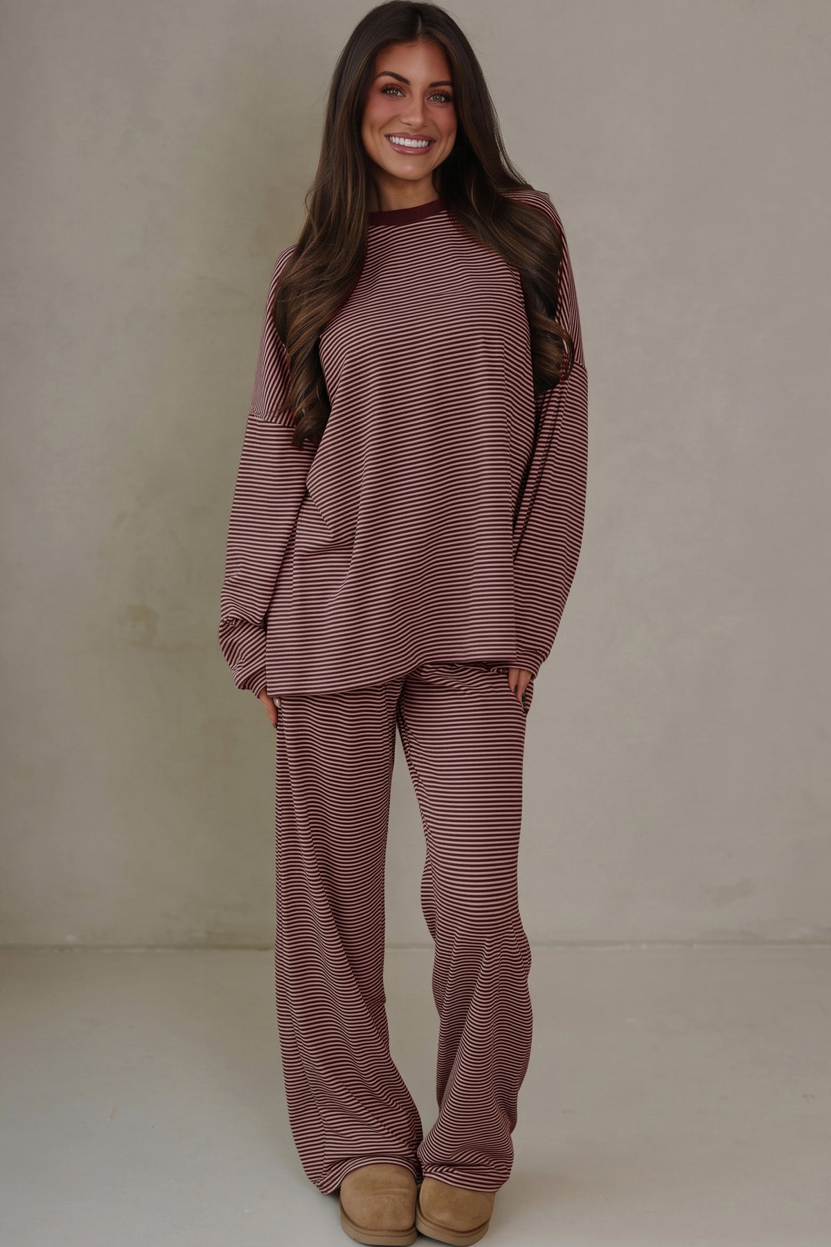 Brown Stripe Contrast Trim Round Neck Oversize Long Sleeve Top 2pcs Pant Set