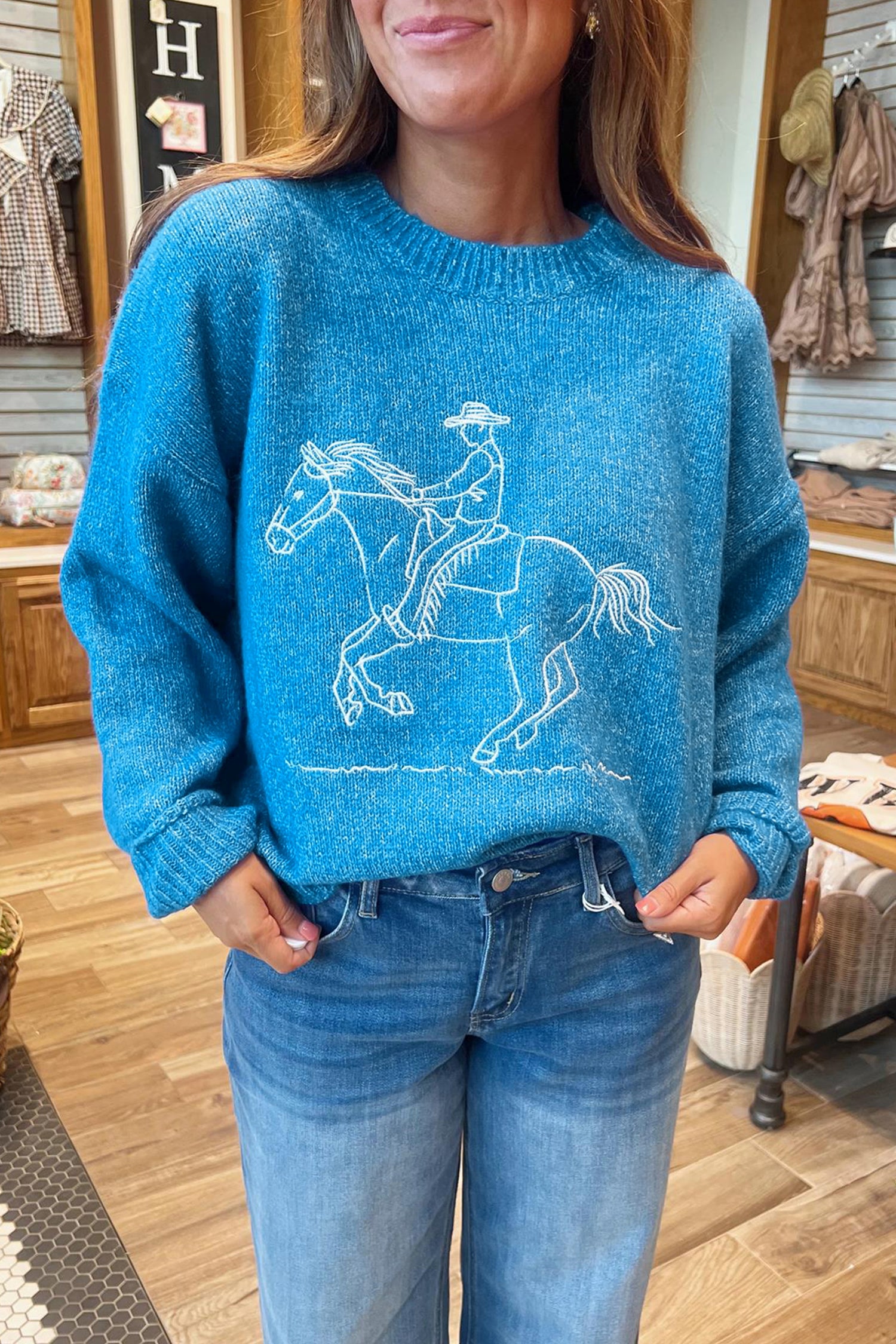 Sky Blue Western Embroidery Drop Shoulder Pullover Sweater