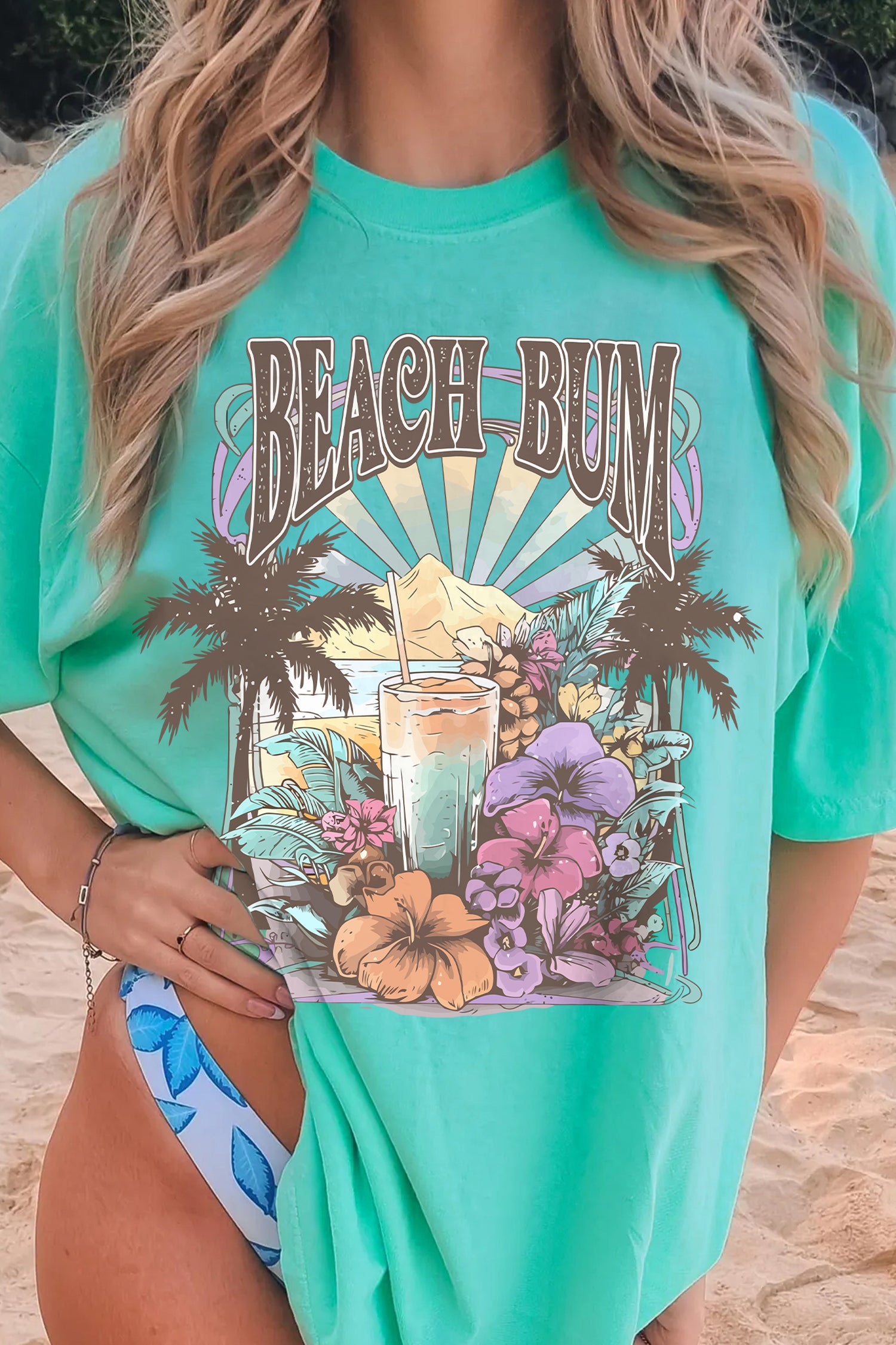 Mint Green Beach Bum Slogan Round Neck Summer Vacation Tee