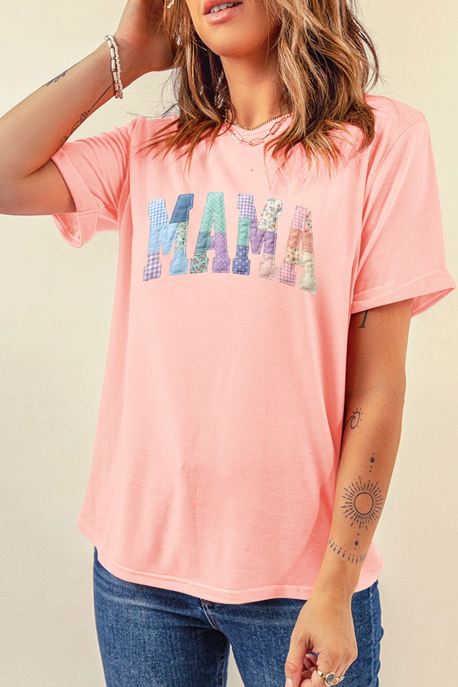 Pink Faux Patchwork Print Floral MAMA Lettering T Shirt