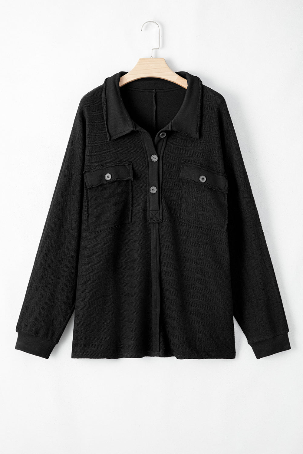 Black Plus Size Long Sleeve Flap Pocket Henley Top