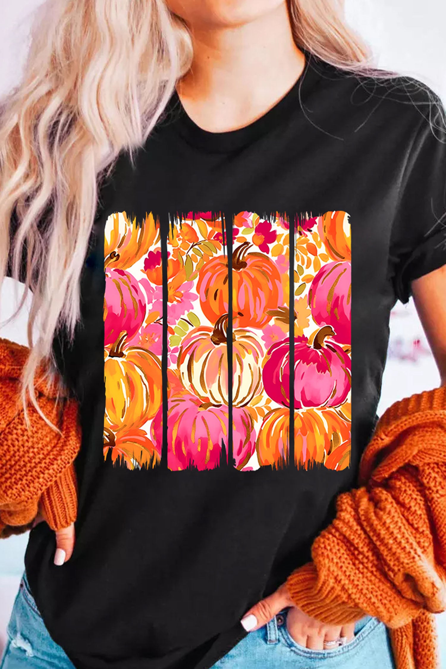 Black Vibrant Pumpkin Print Relaxed T Shirt