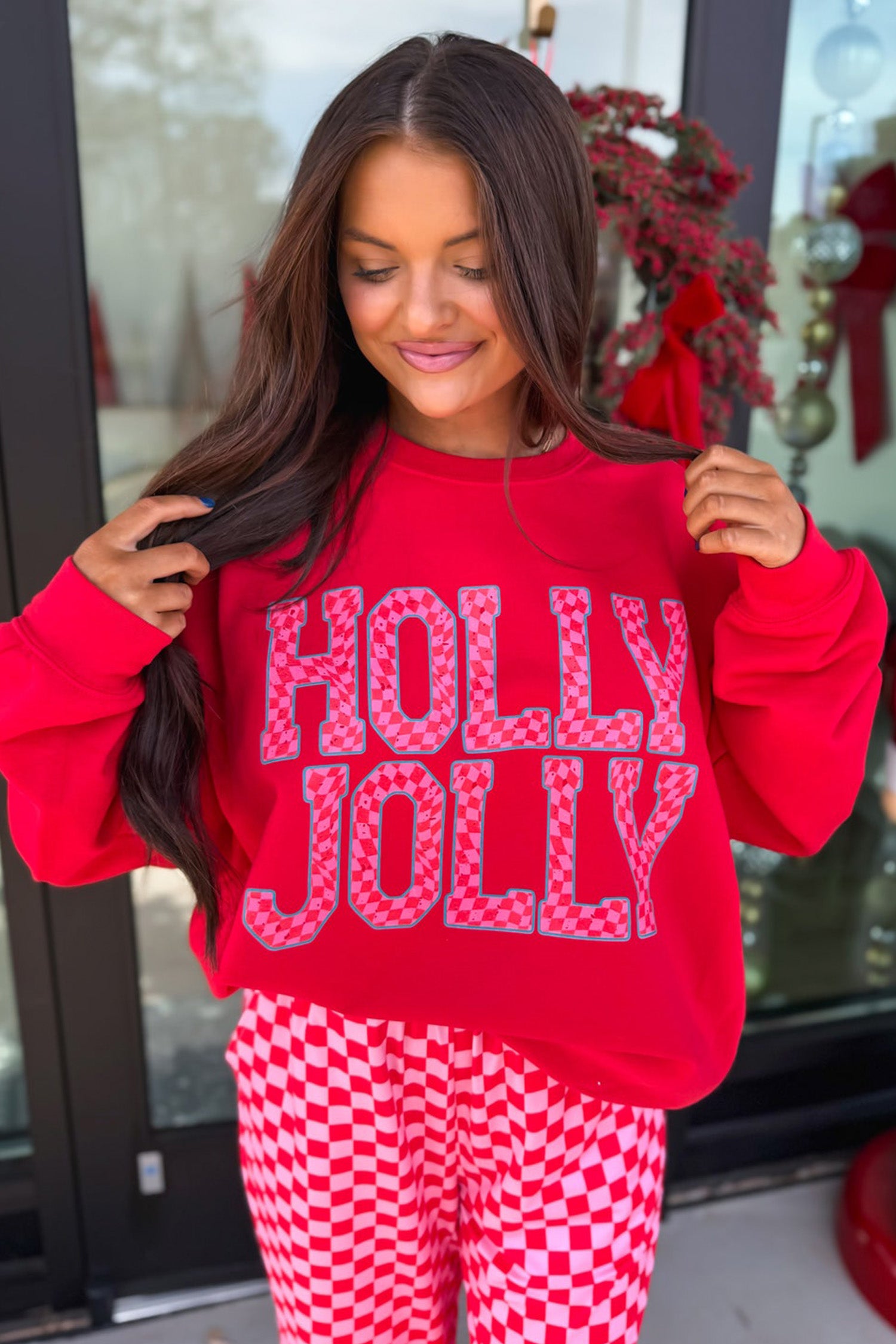 Red Christmas Slogan Graphic Plaid Contrast Two-piece Pant Set