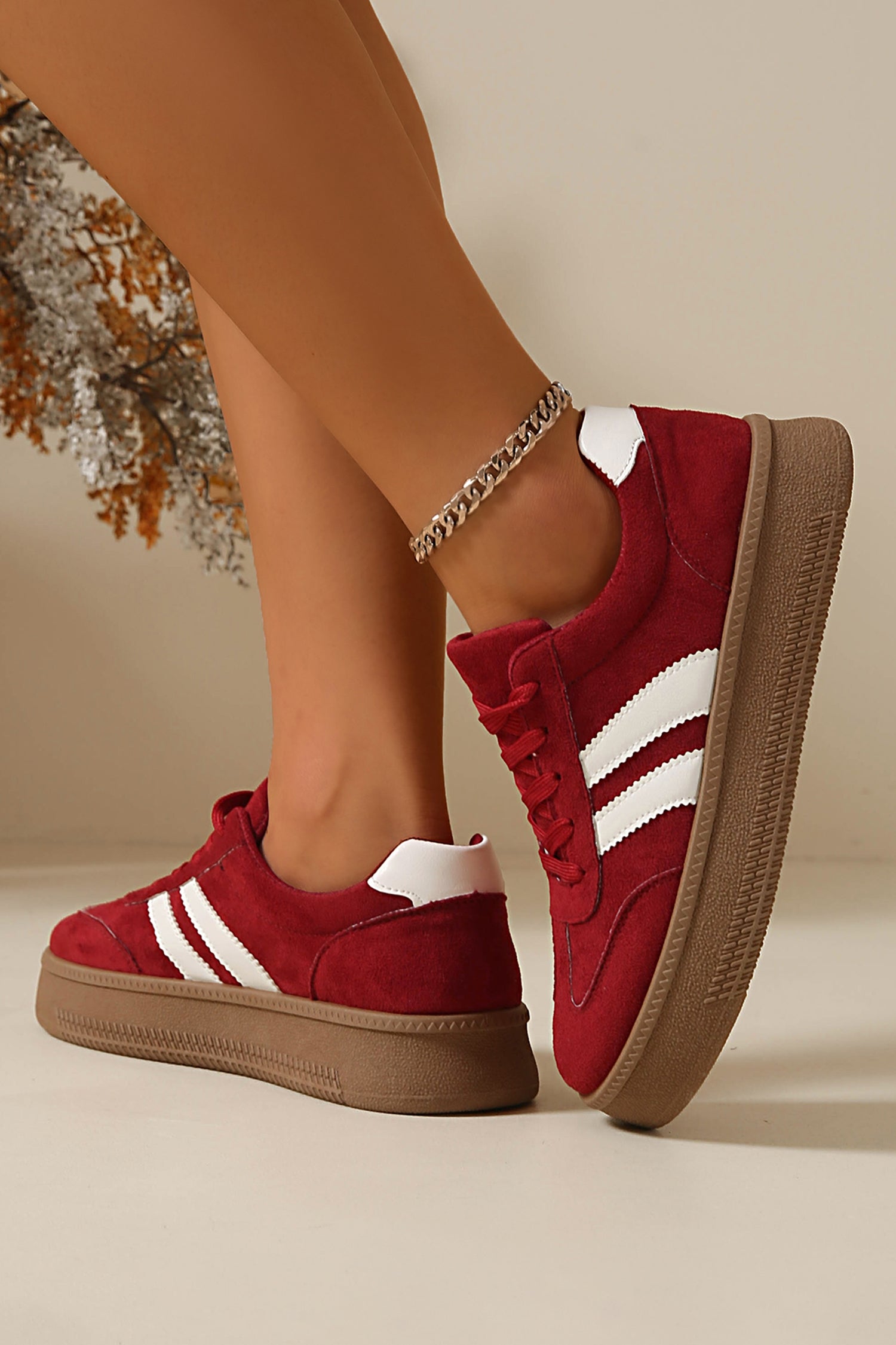Fiery Red Contrast PU Leather Detail Lace Up Casual Shoes