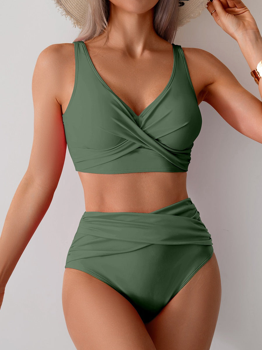 Mist Green Solid Color 2pcs Cross Twisted High Waist Bikini Swimsuit