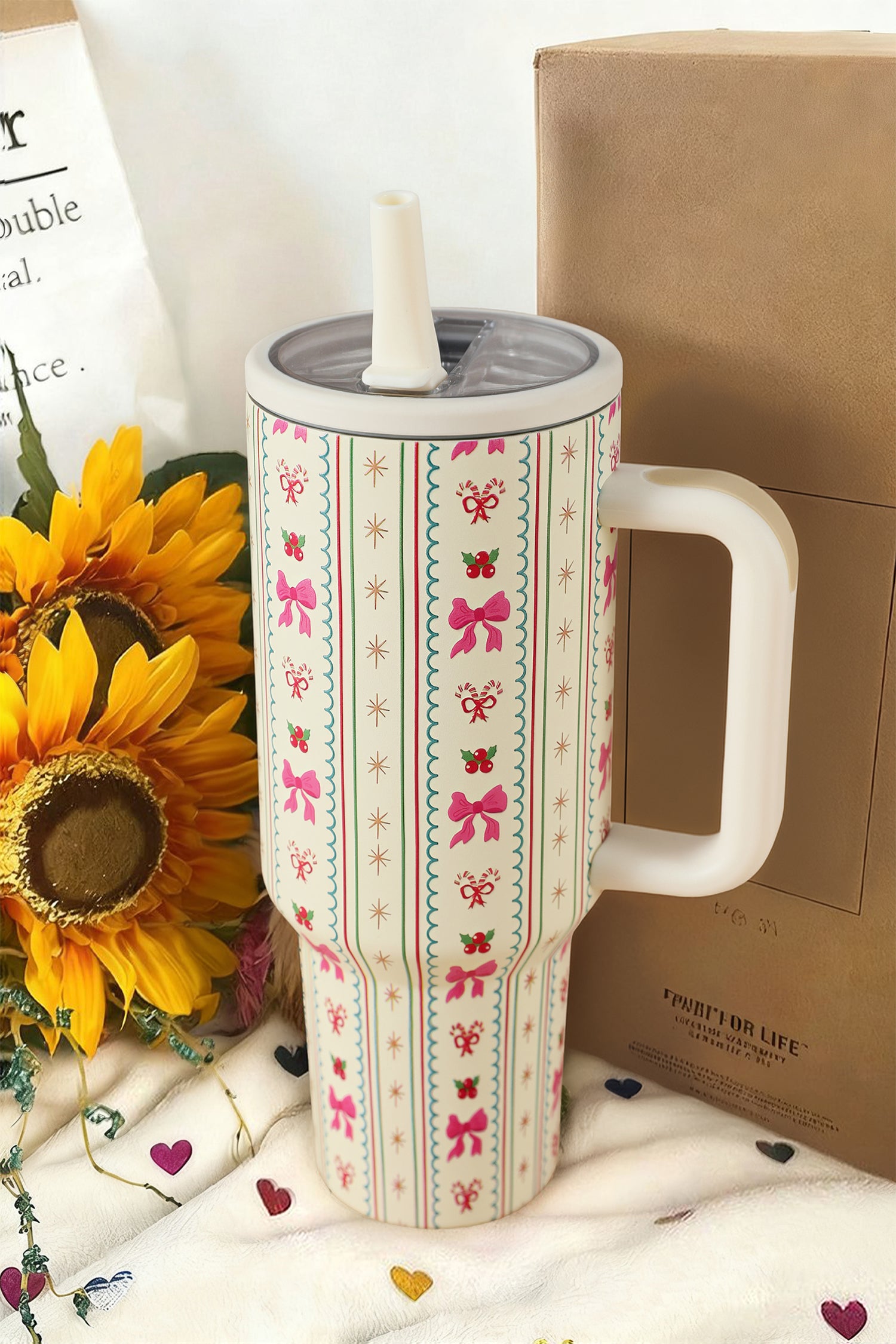 White Holly Jolly Bow Striped Print Flip Straw Tumbler