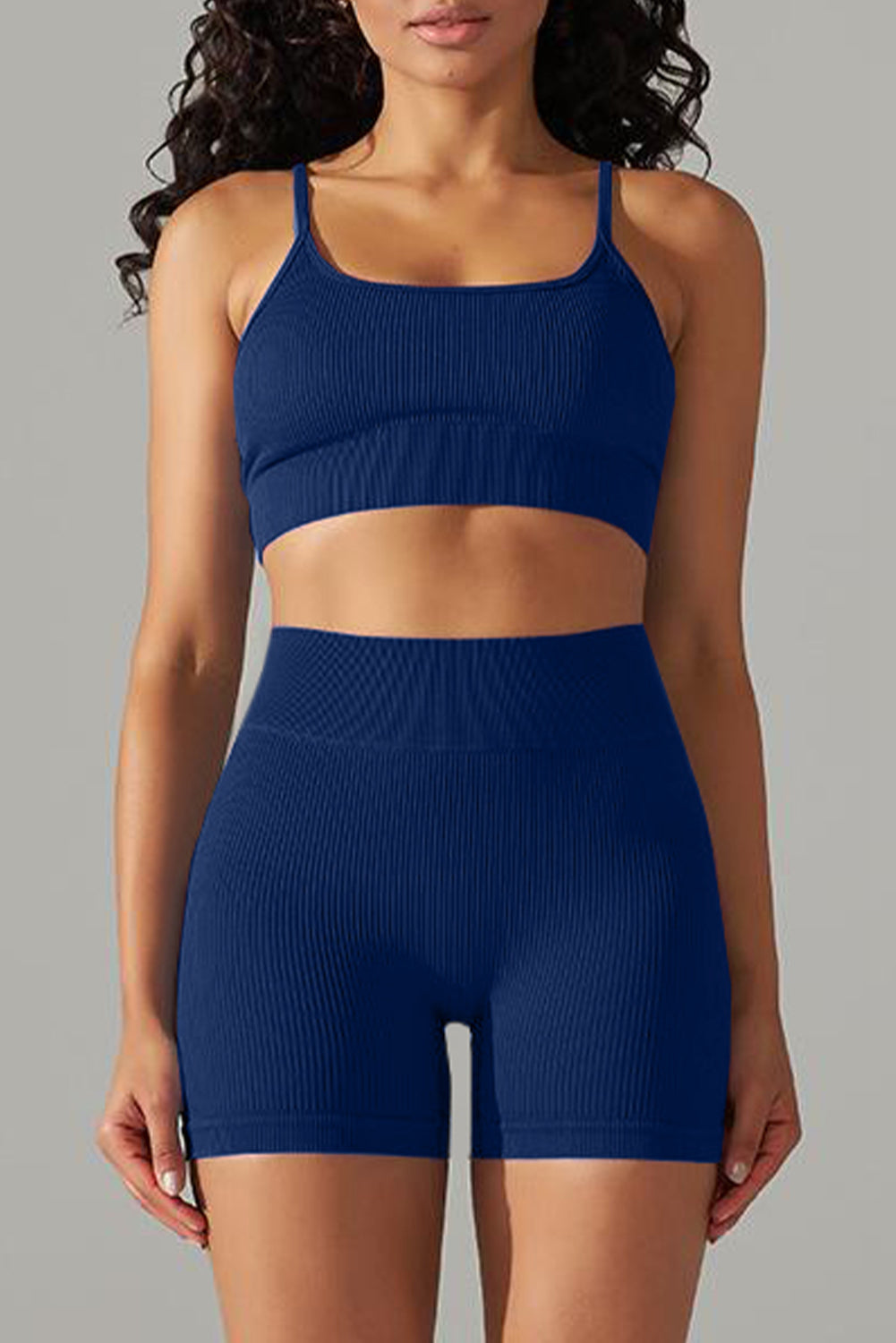 Navy Blue Spaghetti Straps Bra and High Waist Shorts Workout Set