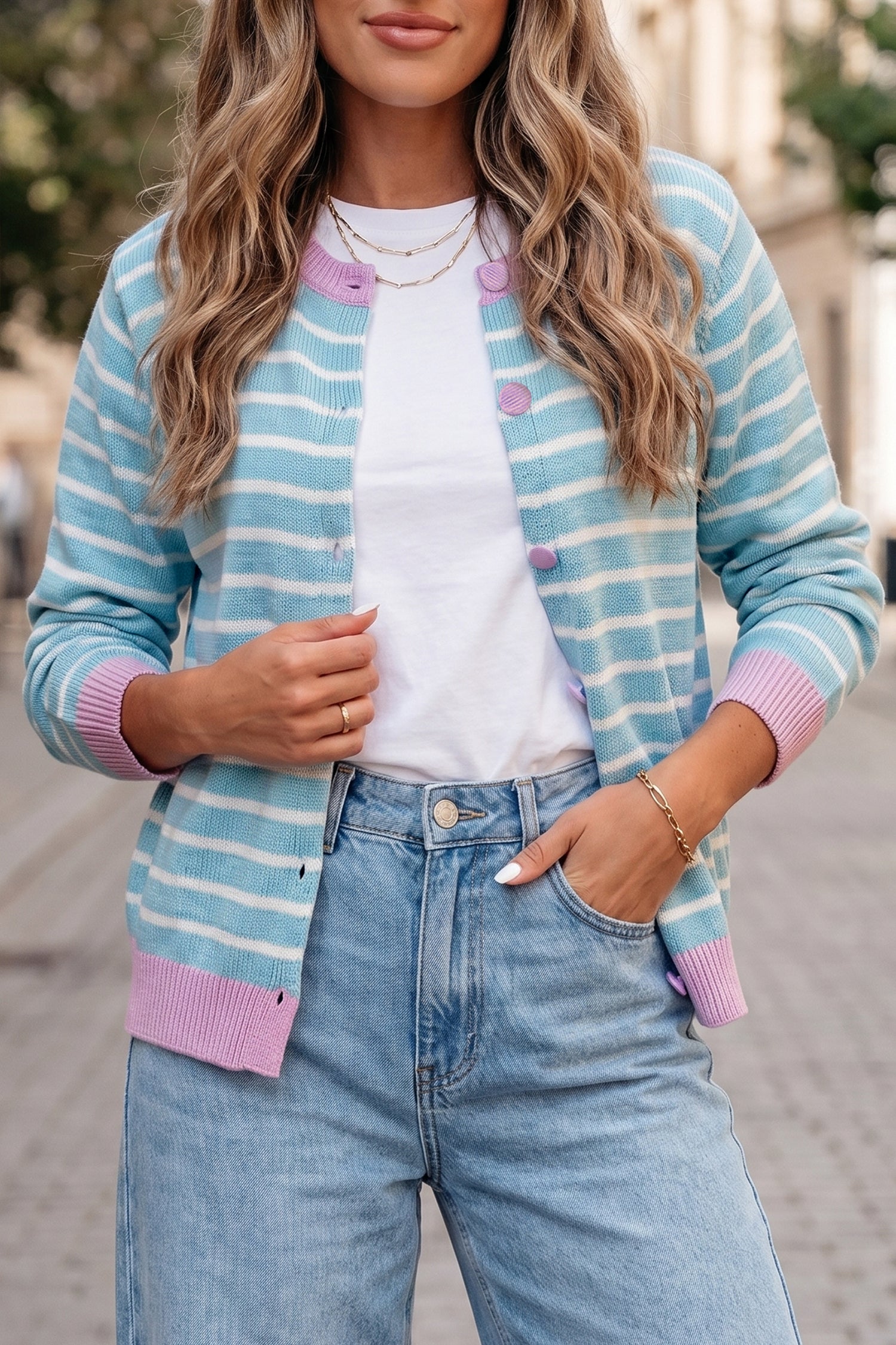 Sky Blue Stripe Striped Long Sleeve Round Neck Open Front Cardigan