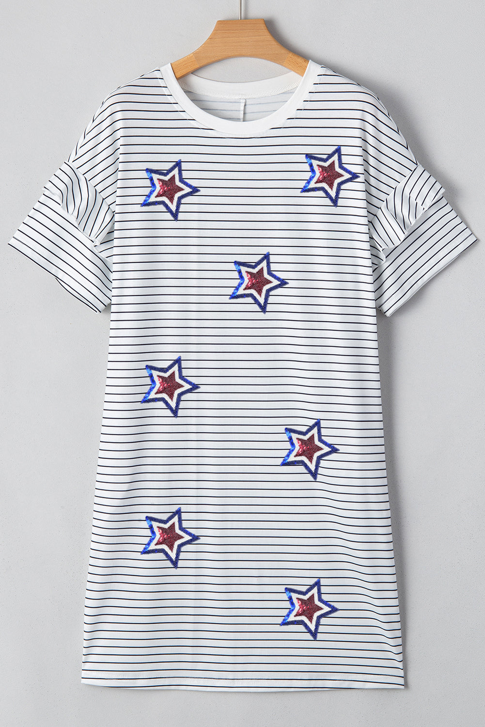White Stripe Sequin USA Flag Star Graphic Ruffled Short Sleeve Mini Dress