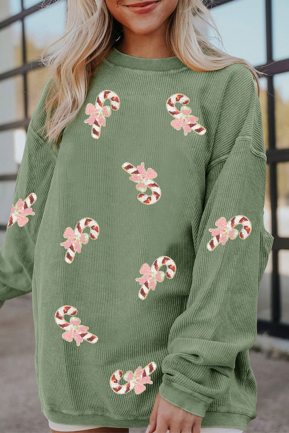 Grass Green Christmas Sequin Candy Cane Patched Corded Ribbed Baggy Sweatshirt