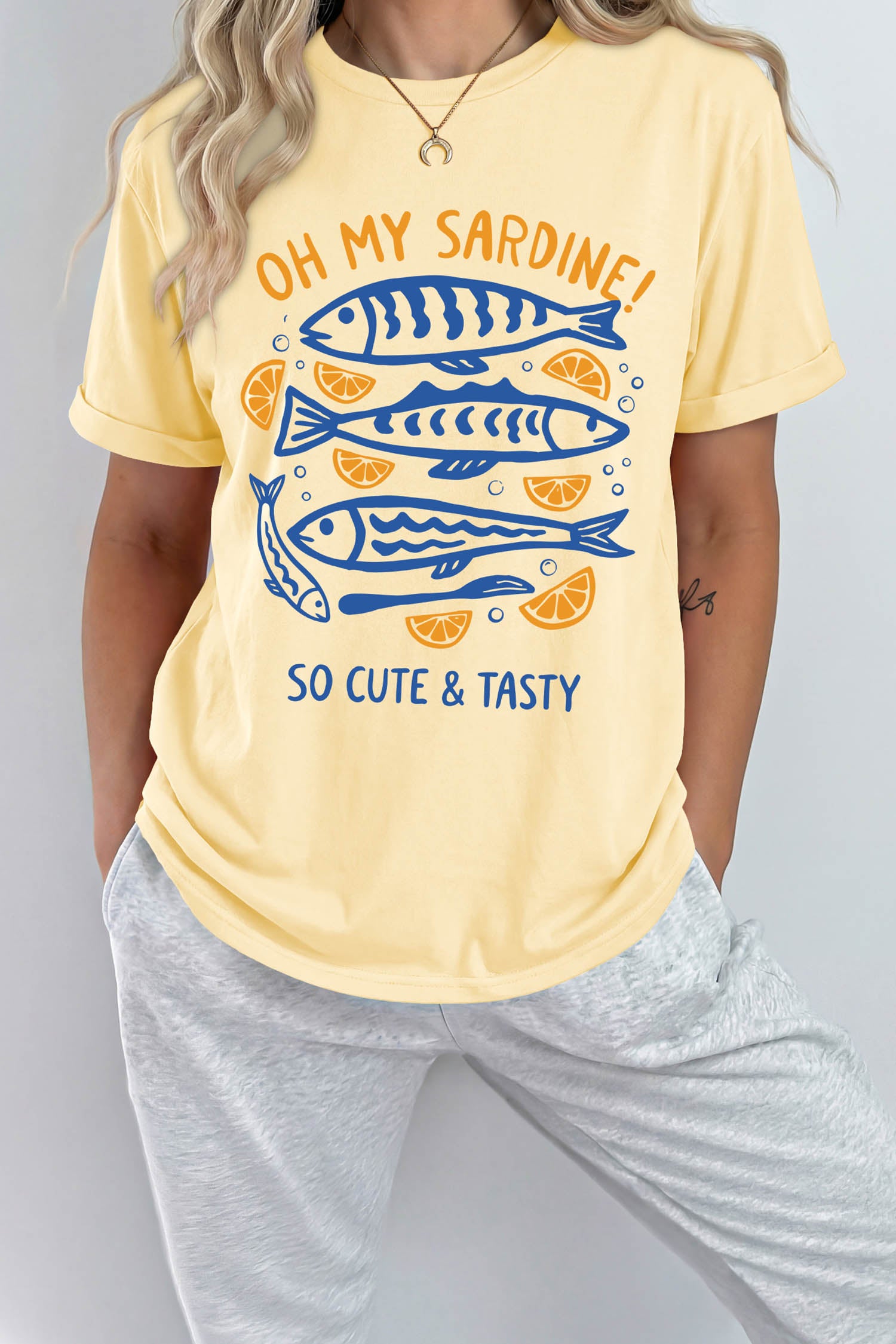 Yellow Cream OH MY SARDINE Lemon Fish Printed T Shirt