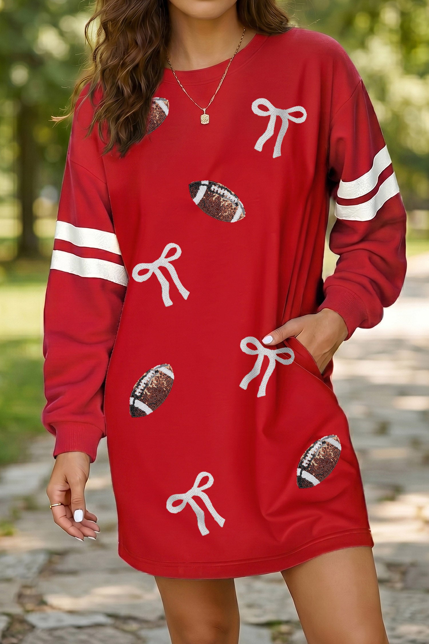 Fiery Red Sequin Rugby Bow Graphic Varsity Striped Sleeve Shift Mini Dress