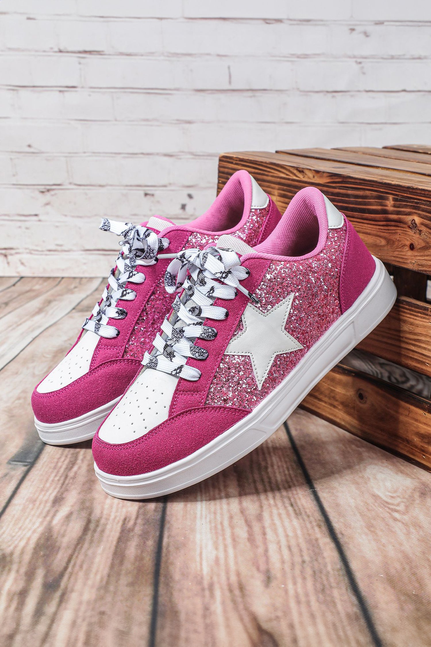Rose Red Stylish Color Block Glitter Star Patchwork Lace-up Flat Shoes