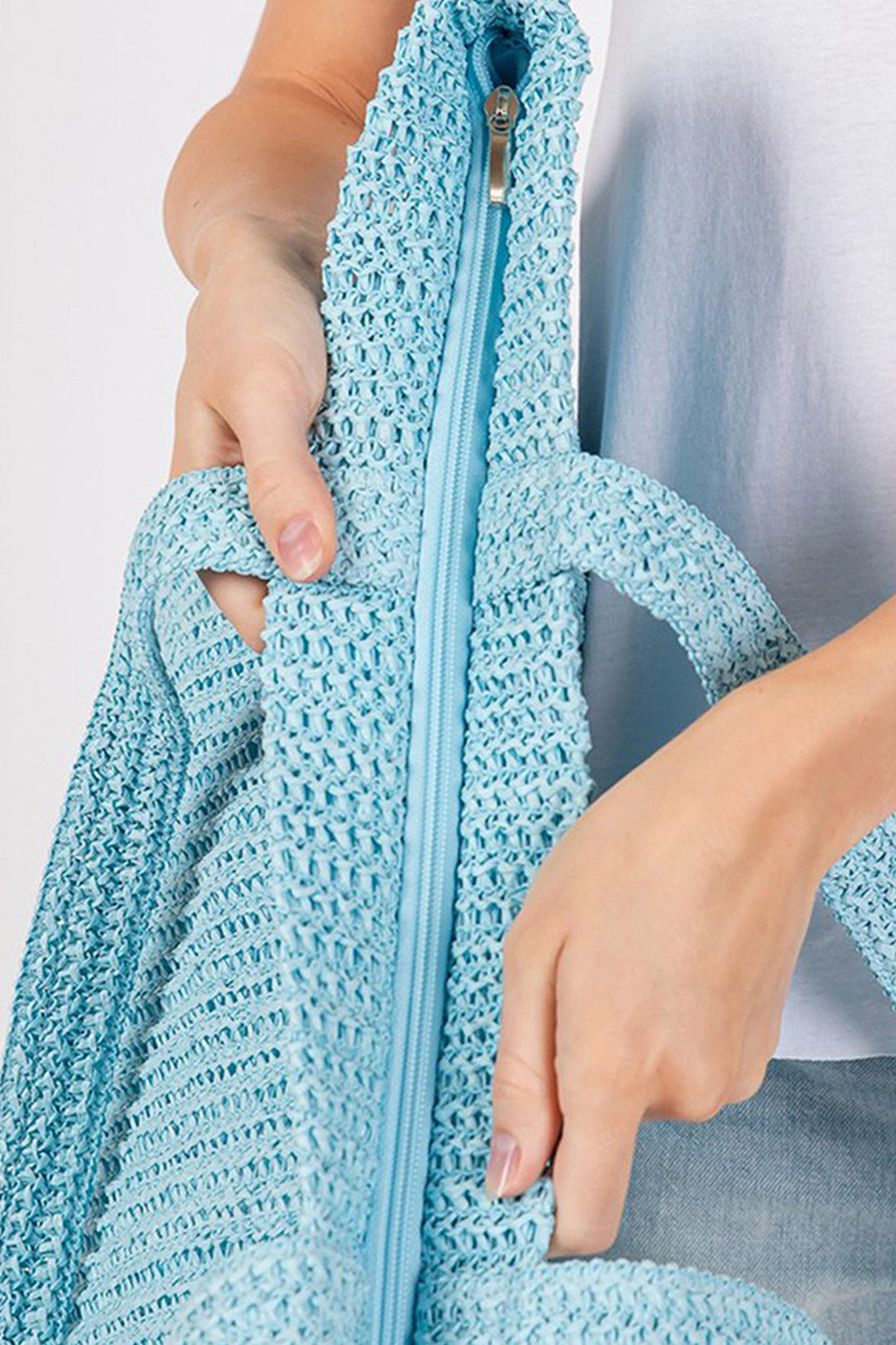 Light Blue Solid Color Straw Woven Summer Beach Tote Bag