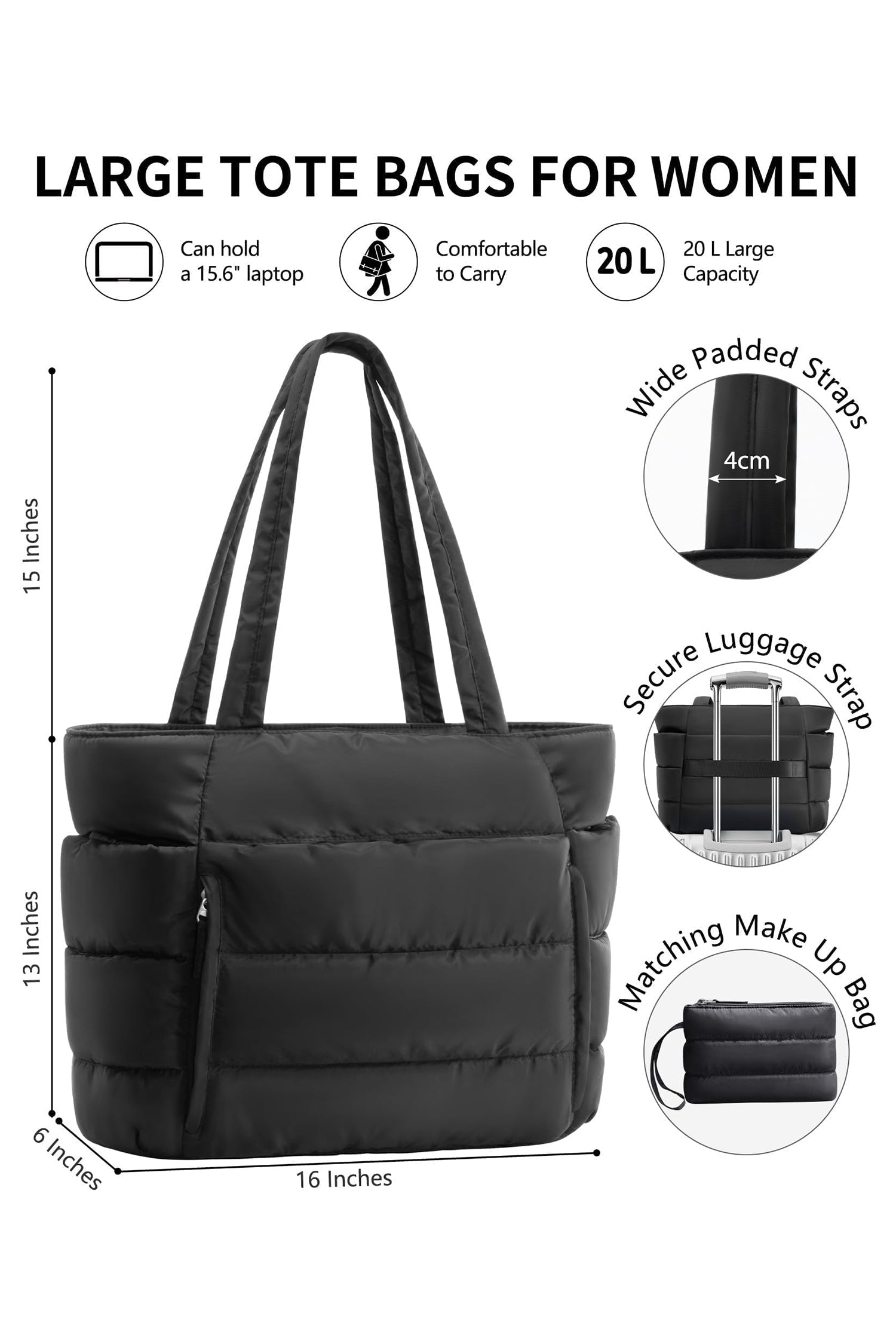 Color black Solid Color Puffy Quilted Large Tote Bag