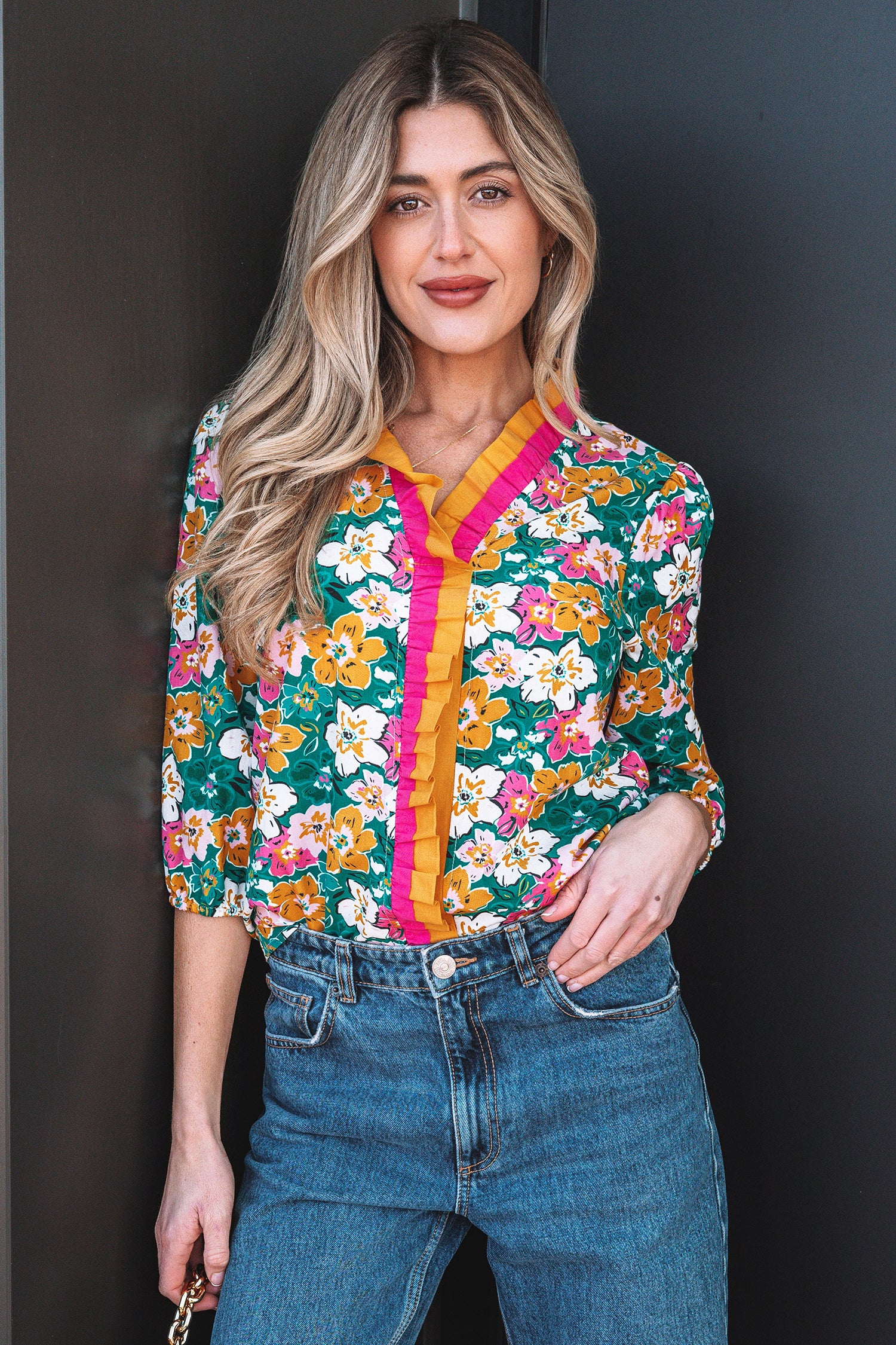 Green Floral Print Contrast Trim Frilled V Neck 3/4 Sleeve Blouse