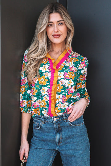 Green Floral Print Contrast Trim Frilled V Neck 3/4 Sleeve Blouse