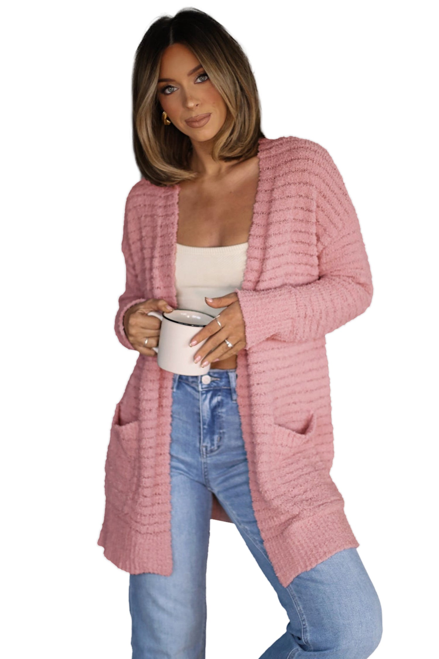 Light Pink Open Front Soft Fuzzy Ribbed Sweater Cardigan