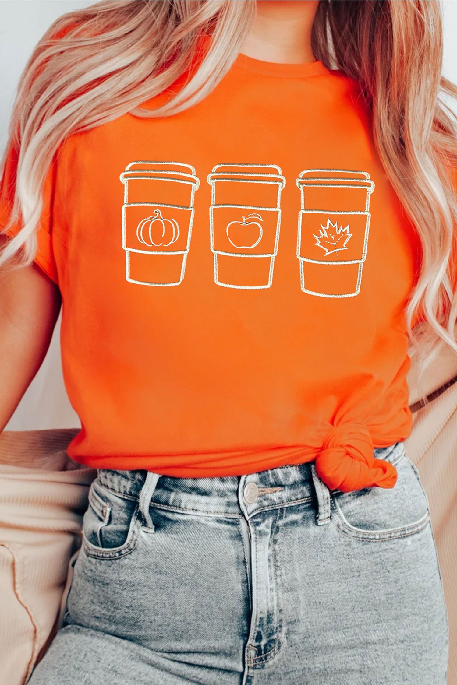 Orange Embroidered Fall Drinks Round Neck Graphic Tee