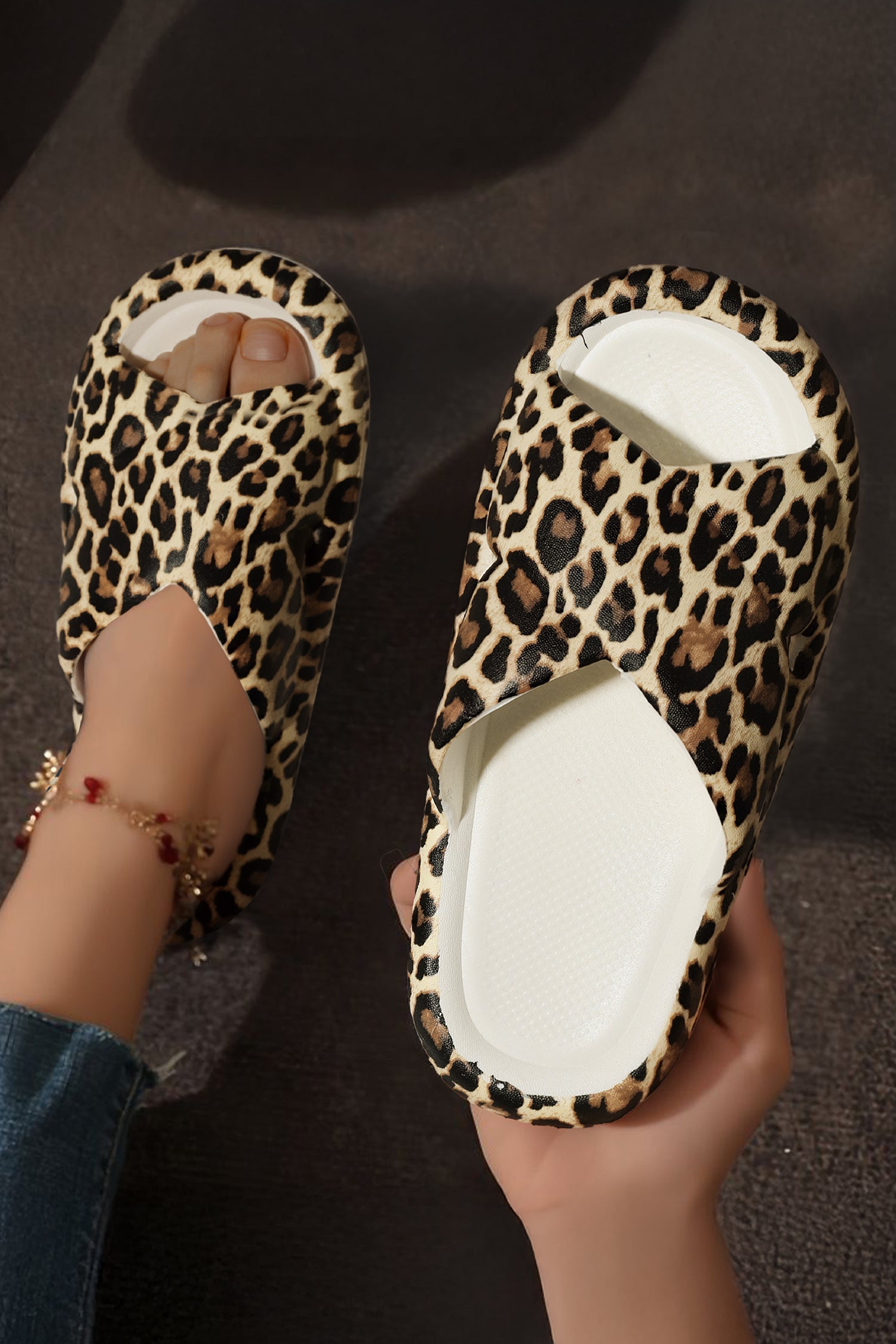 White Leopard Print Crossed Band Slip-on EVA Sole Slippers