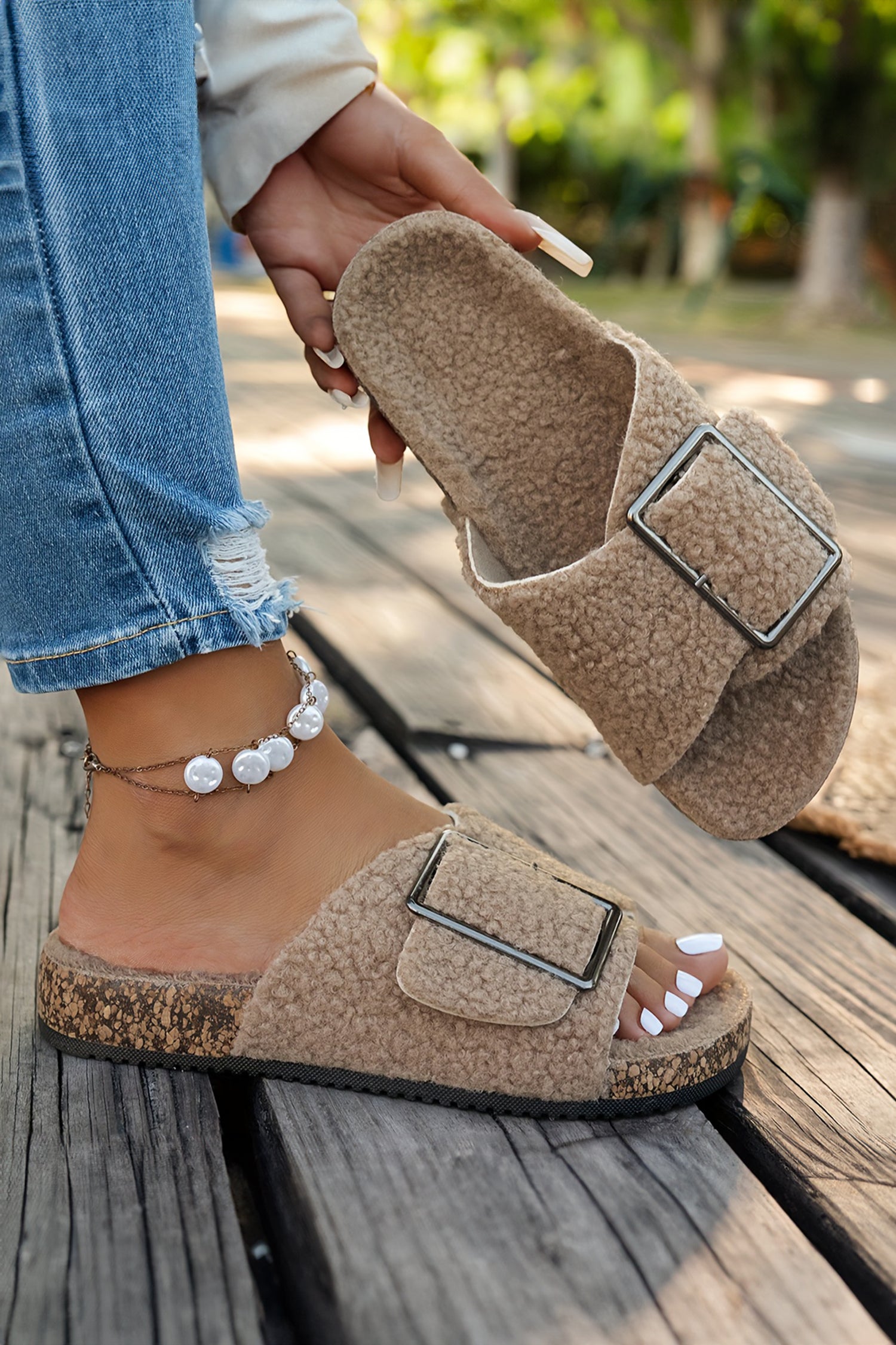 Light French Beige Sherpa Suede Metal Buckle Crossed Band Slippers