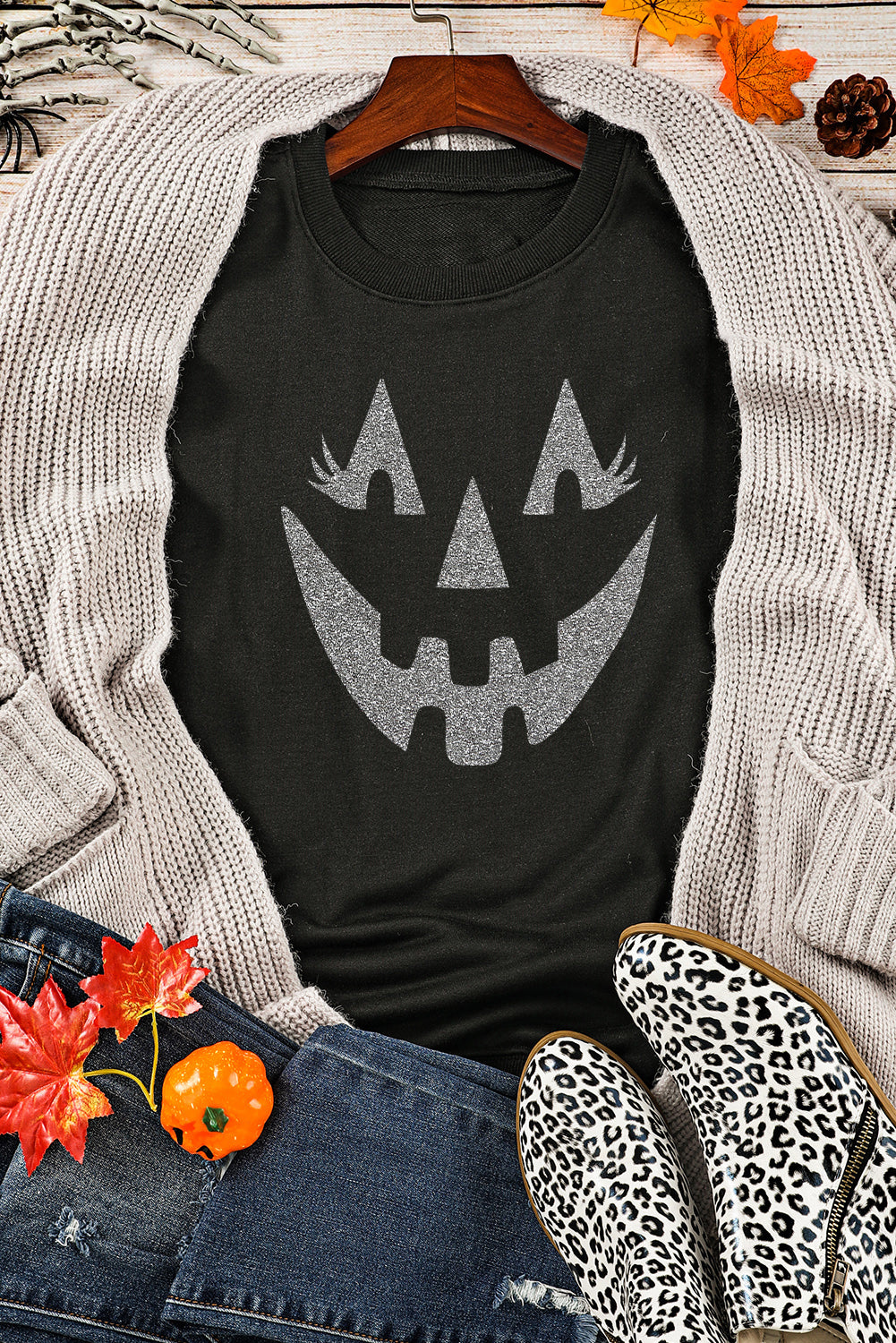 Black Spooky Face Printed Halloween Fashion Baggy Sweatshirt