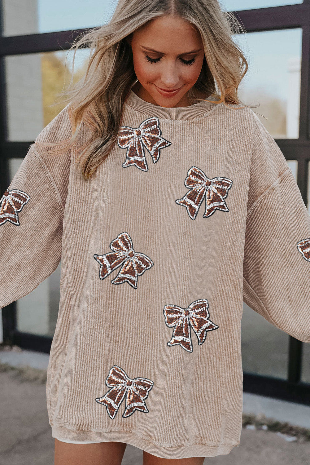 Apricot Oversize Sequin Bow Patched Corded Sweatshirt