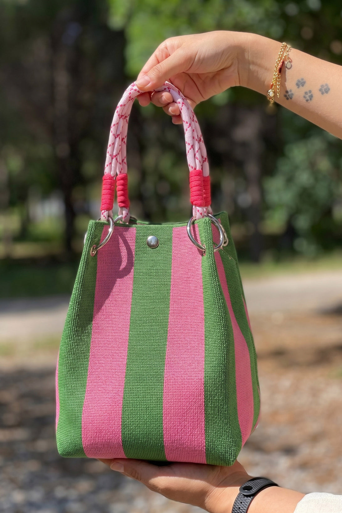 Fern Green Striped Pattern Rope Handles Metal Ring Boho Style Handbag