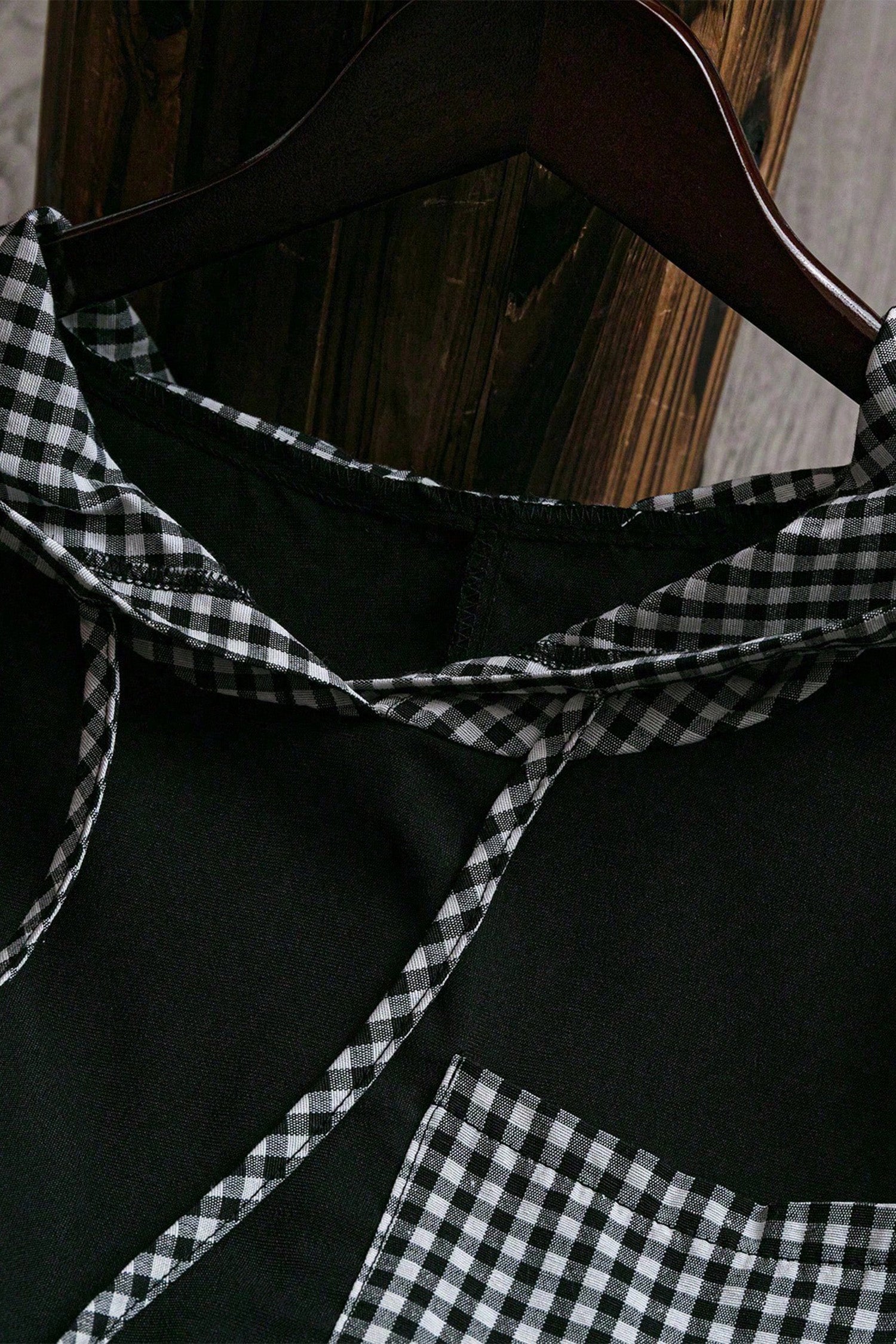 Black Hooded Gingham Paneling Chest Patch Pocket Long Sleeve Plus Size Blouse