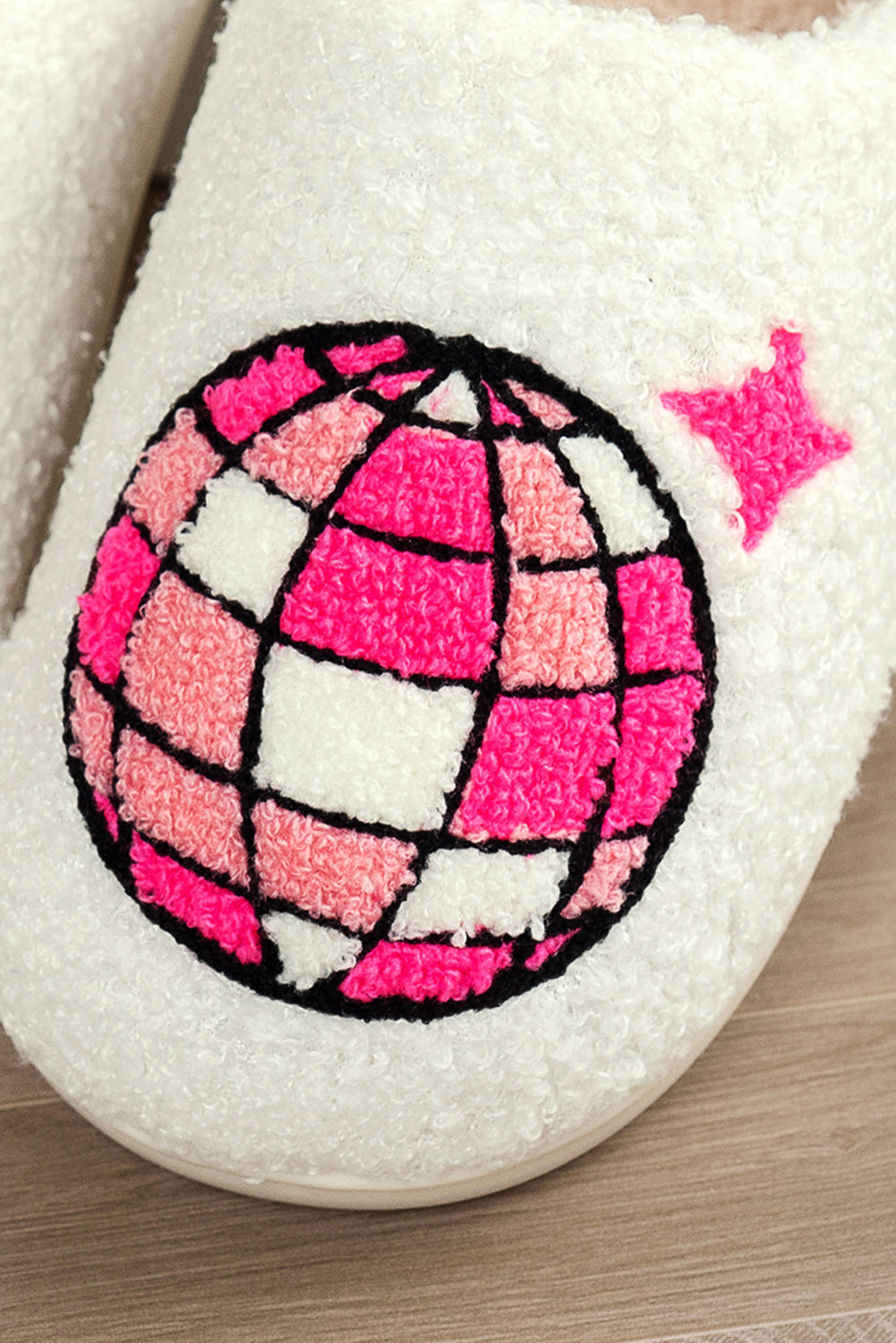 White Disco Ball Print Fuzzy Winter House Slippers