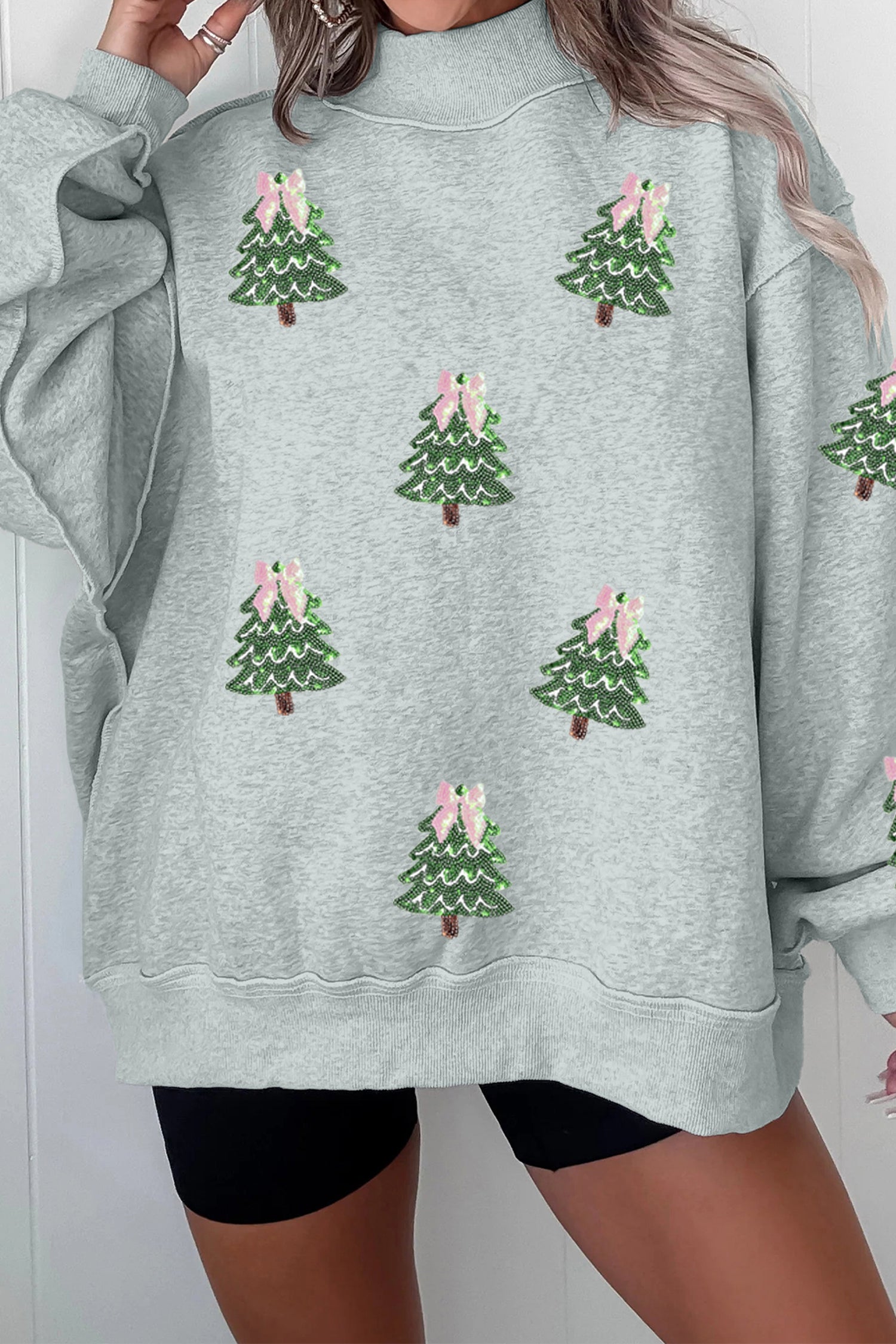 Gray Sequin Christmas Tree Graphic Mock Neck Baggy Pullover Sweatshirt