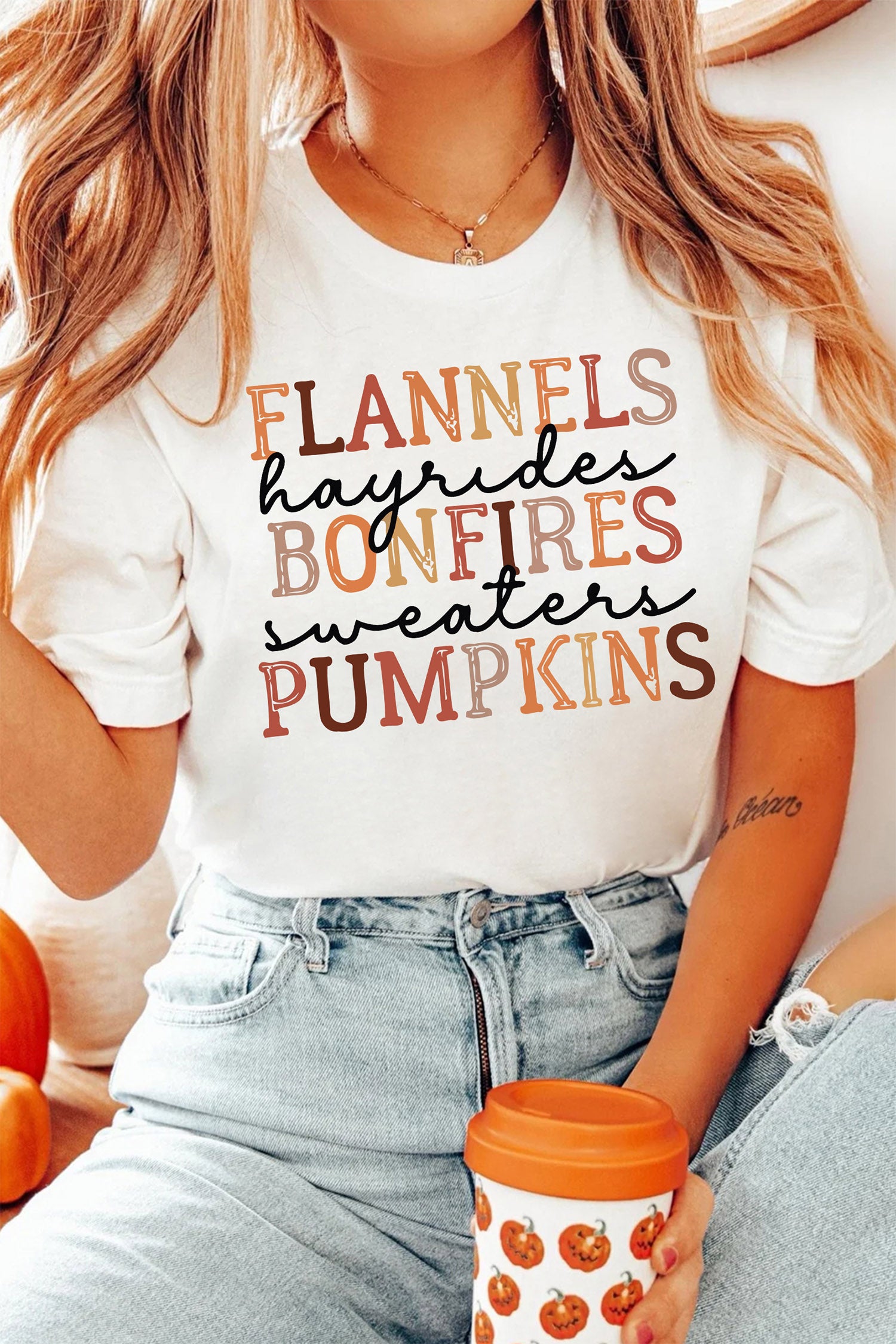 White FLANNELS BONFIRES PUMPKIN Letter Print Thanksgiving T-Shirt