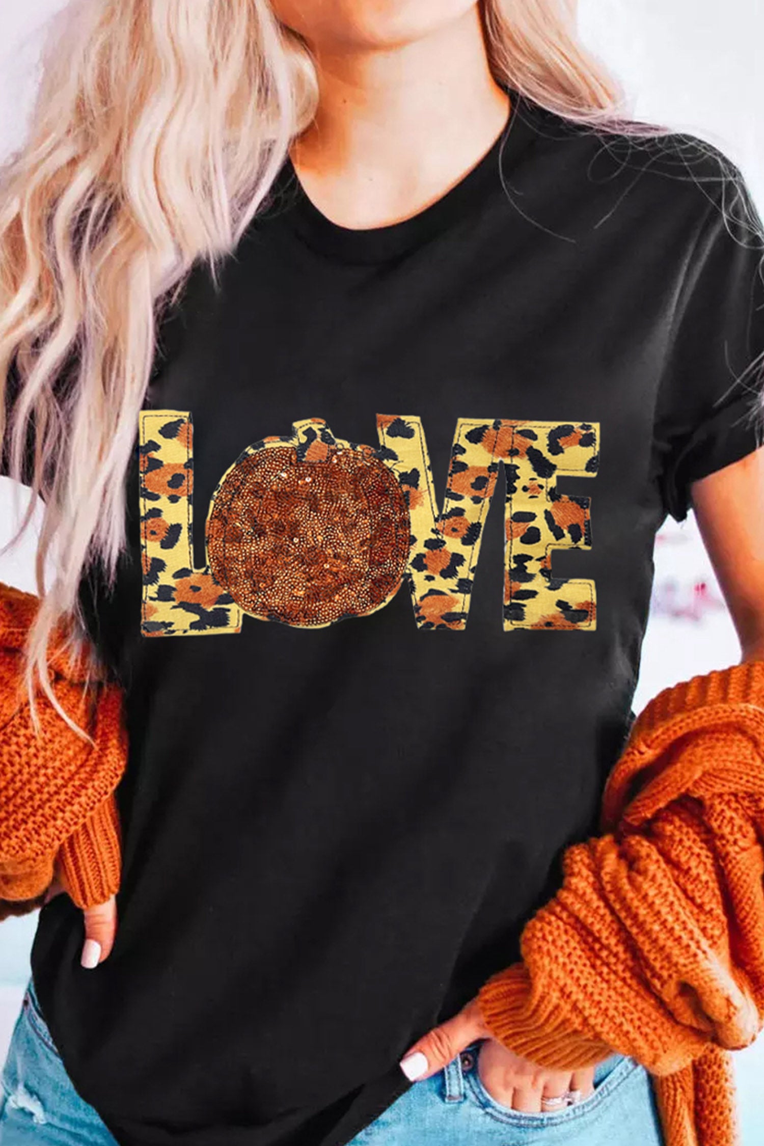 Black Sequin Pumpkin Leopard Print Love Graphic Tee