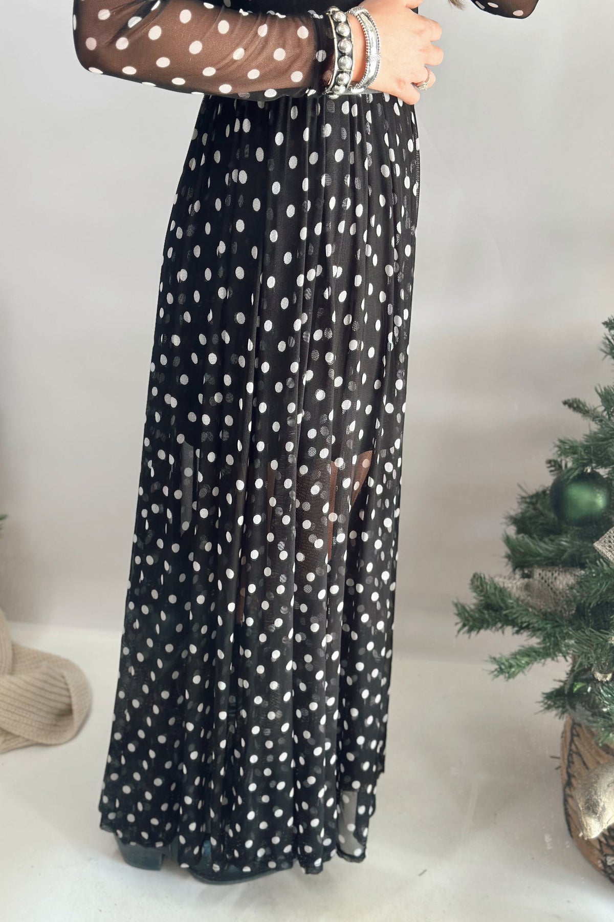 Black Polka Dot Pattern Mesh Long Sleeve Maxi Dress 2pcs Set