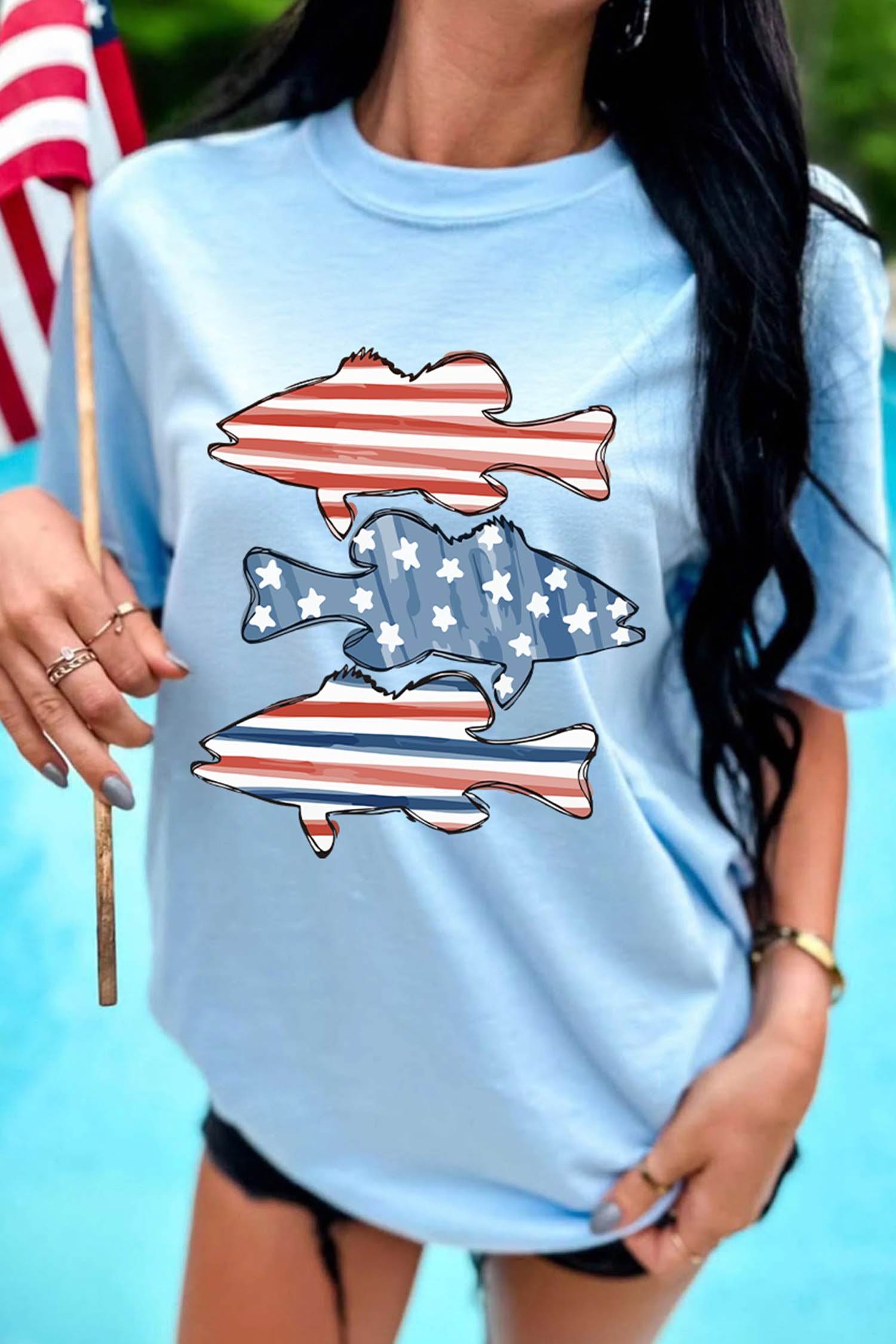 Light Blue Patriotic Fish Print Relaxed Graphic T Shirt