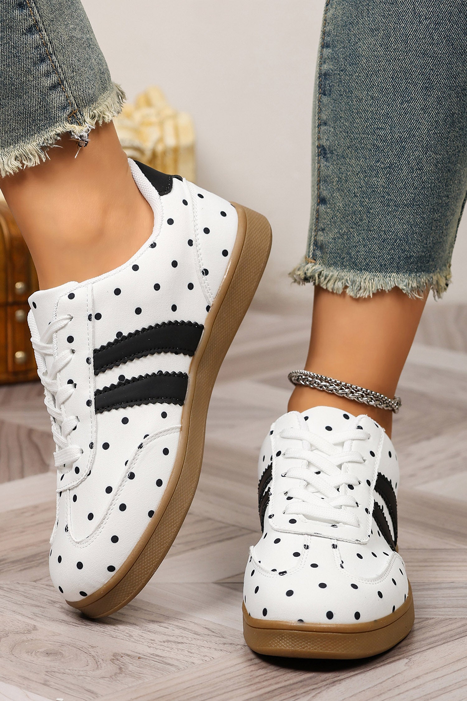White Polka Dot Print PU Leather Color Block Detail Casual Sneakers