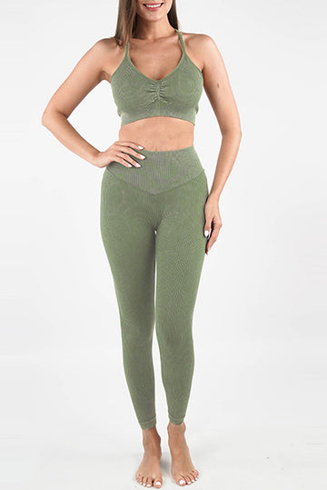 Laurel Green Seamless Ribbed Spaghetti Straps Bra Leggings Sports Set