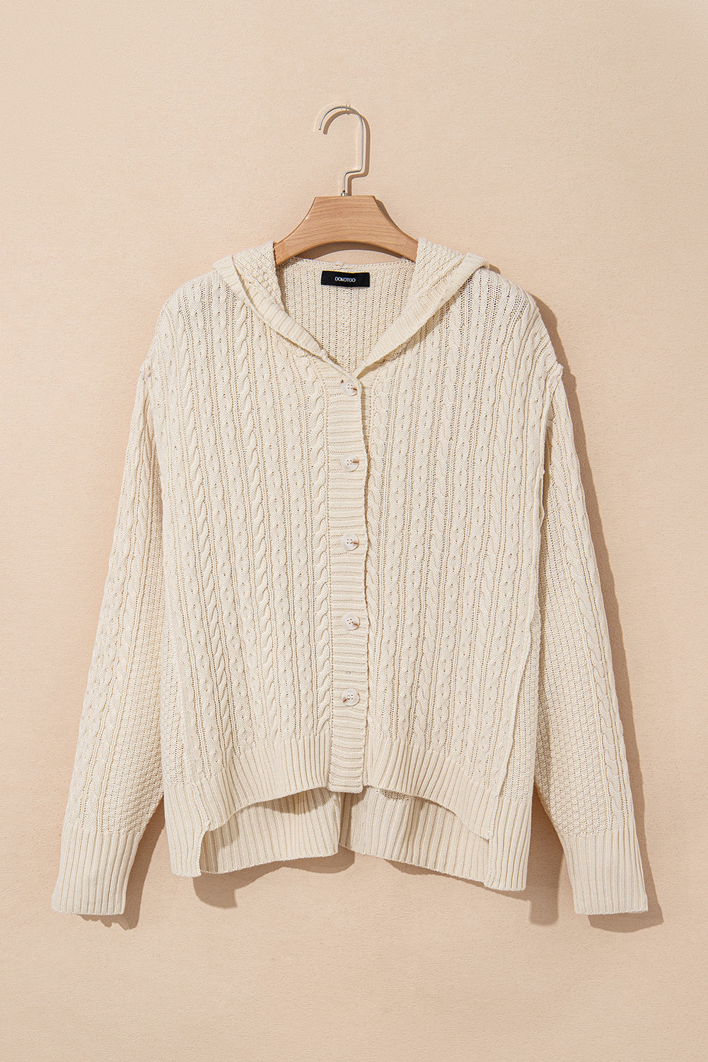 White Cable Knit Texture Uneven Hem Hooded Chic Cardigan