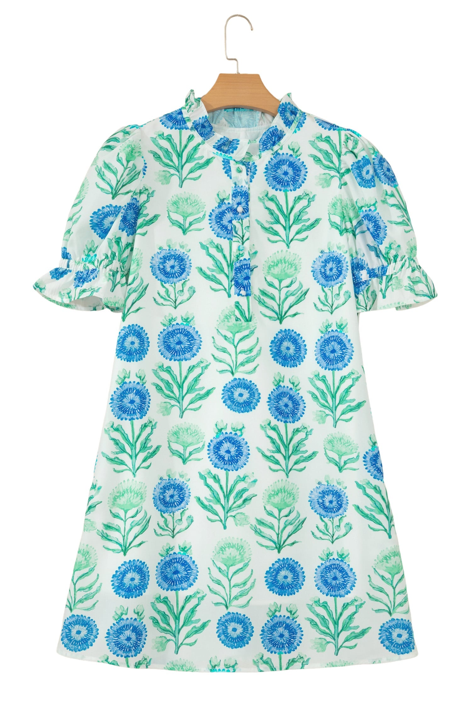 Sky Blue Floral Print Half Button Frilly Short Sleeve Dress