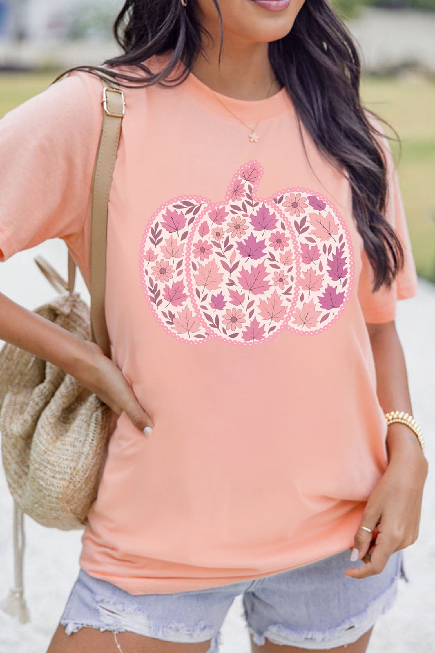 Pink Leafy Floral Pumpkin Graphic Casual Round Neck T Shirt