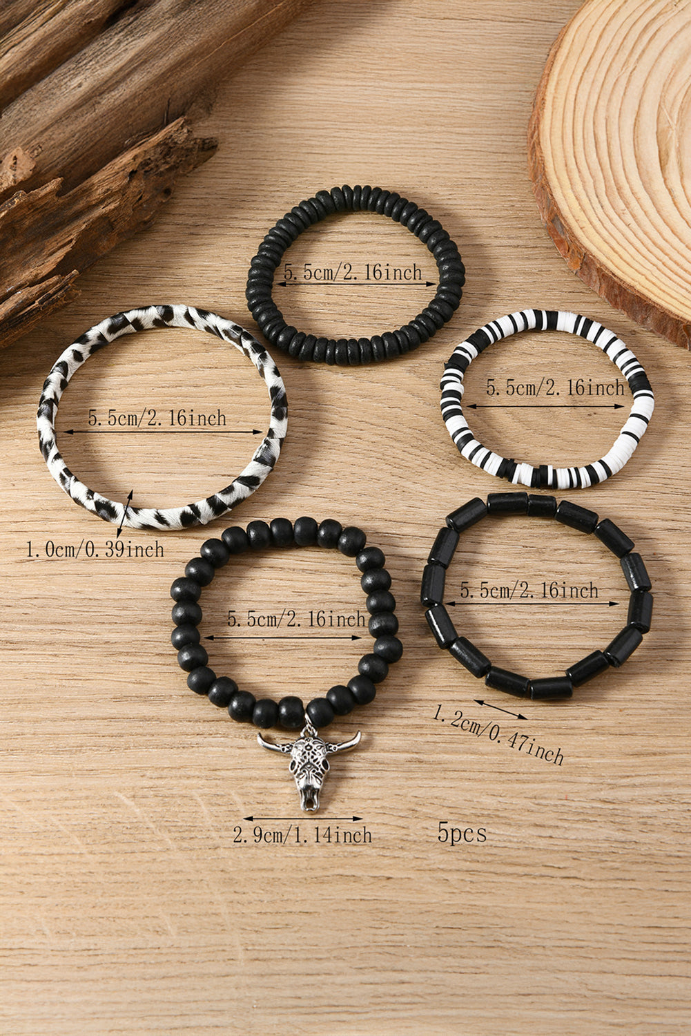 Color black Timber Beads Western Skull Head Charm 5pcs Bracelet Set