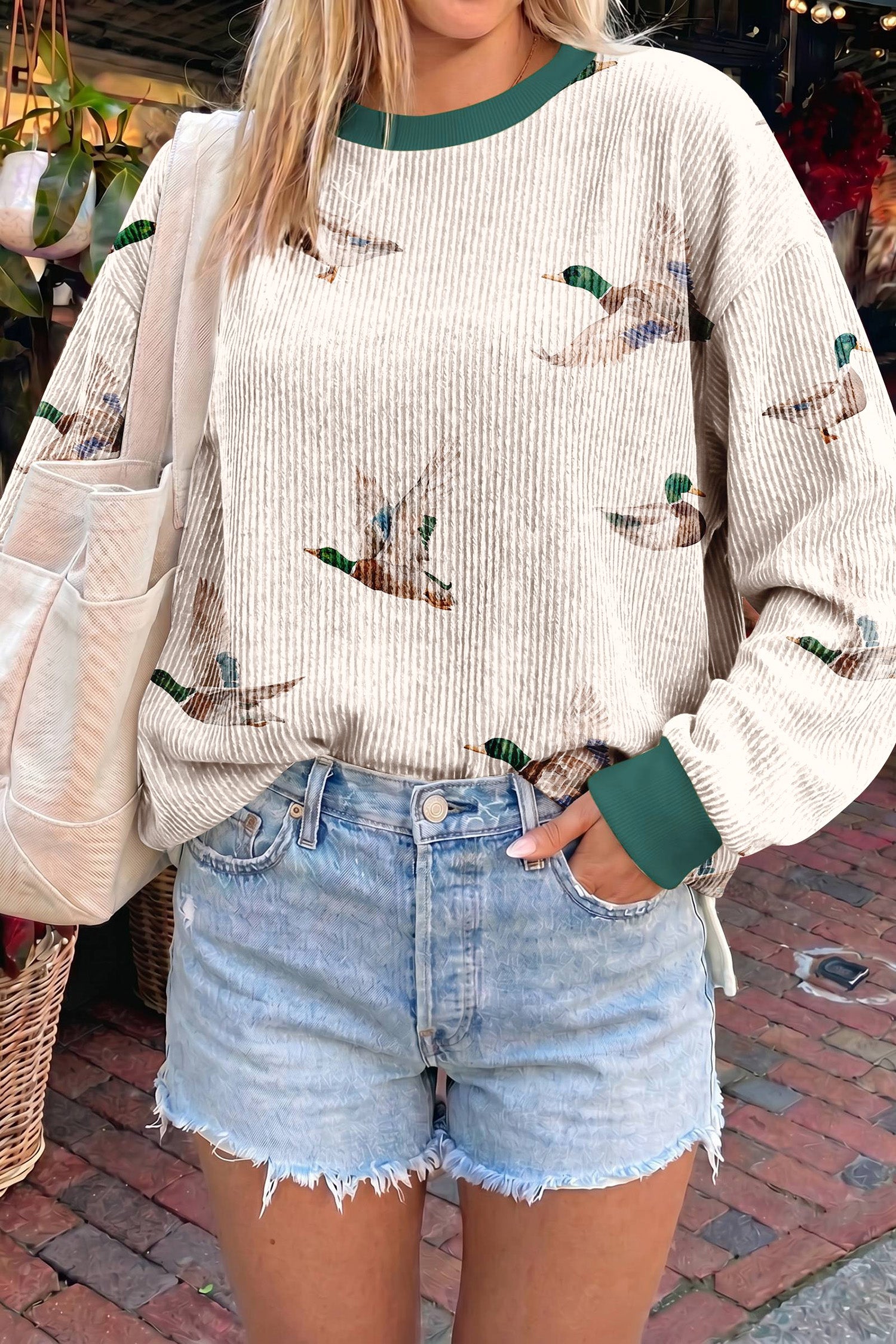 Beige Twisted Ribbed Duck Print Crewneck Casual Pullover Top