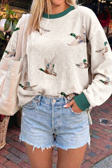 Beige Twisted Ribbed Duck Print Crewneck Casual Pullover Top