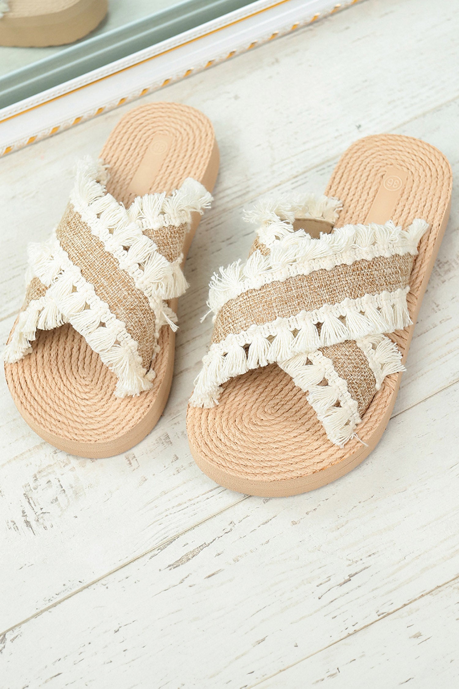 Khaki Boho Contrast Tassel Detail Crossed Band Flat Slippers