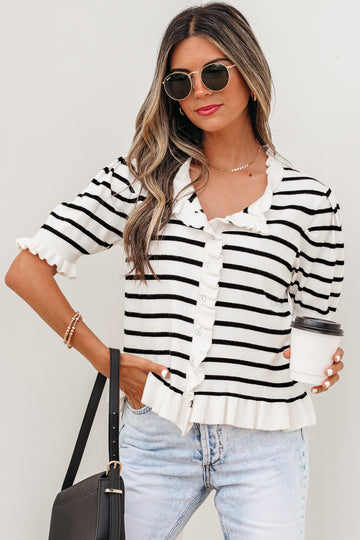 Beige Stripe Ruffle Trim Button Down Knit Short Sleeve Sweater Cardigan