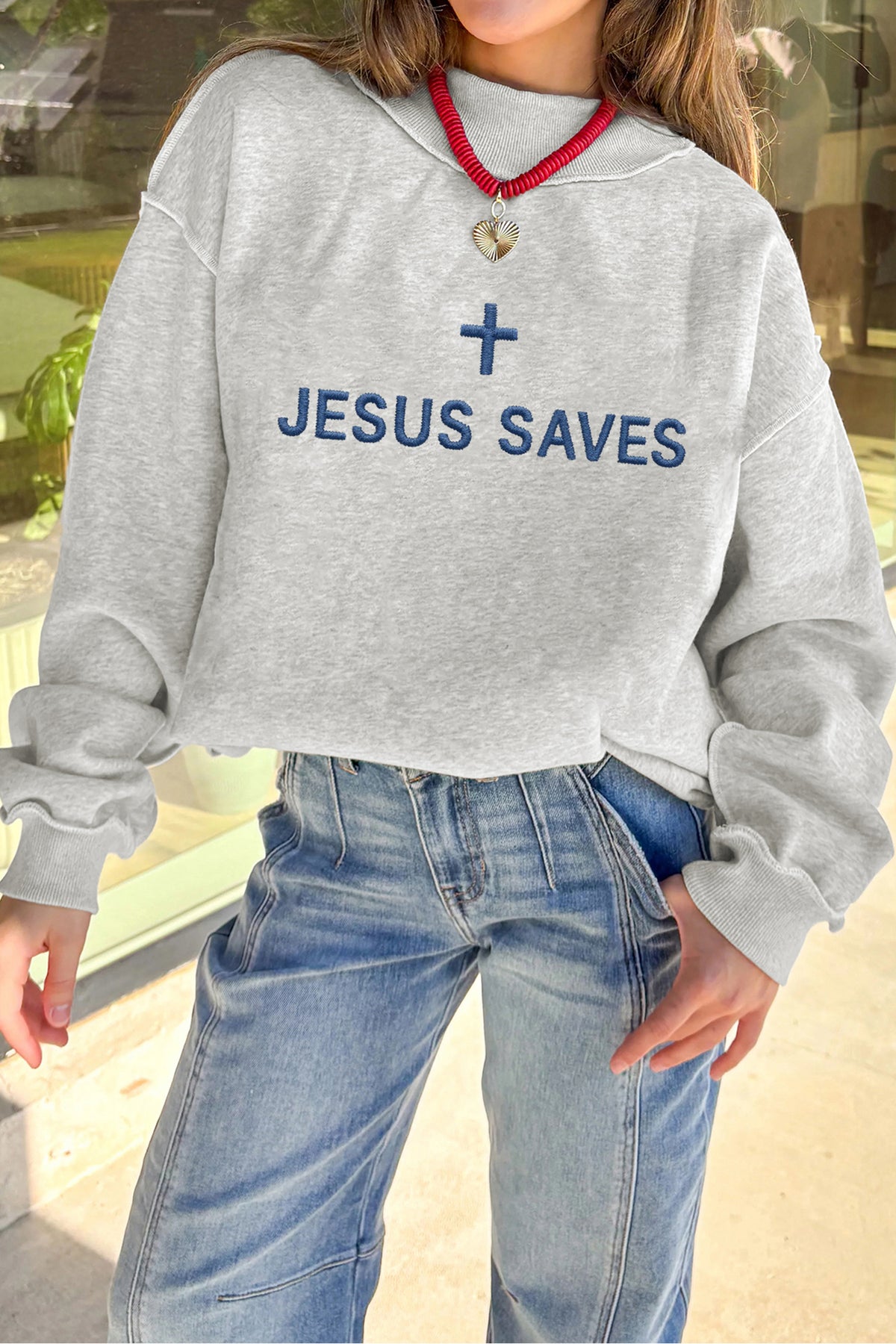 Light Grey JESUS SAVES Embroidered Graphic Exposed Seam Mock Neck Baggy Sweatshirt