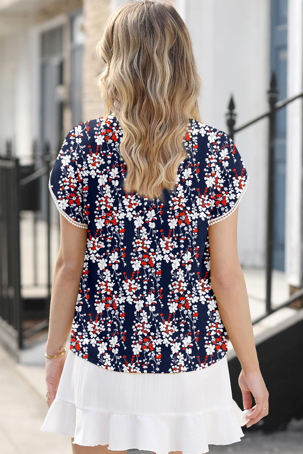 Casual Floral Print Half Button Lace Trim Petal Sleeve Blouse